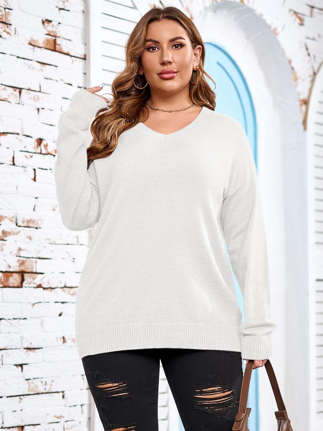 Women Plus Size Sweaters Knit Long Sleeve V Neck Sweaters Tops Casual Soft Loose Fit Pullover Sweater 1XL-5XL - Image 2