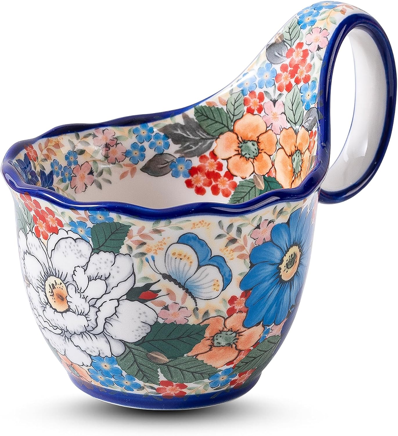 Hand-Painted Floral Ceramic Mug, 18oz Soup Bowl, Large Stoneware Cup with Unique Handle, Bohemian Style for Coffee, Tea, Soup, Microwave Dishwasher Safe, Mom Women