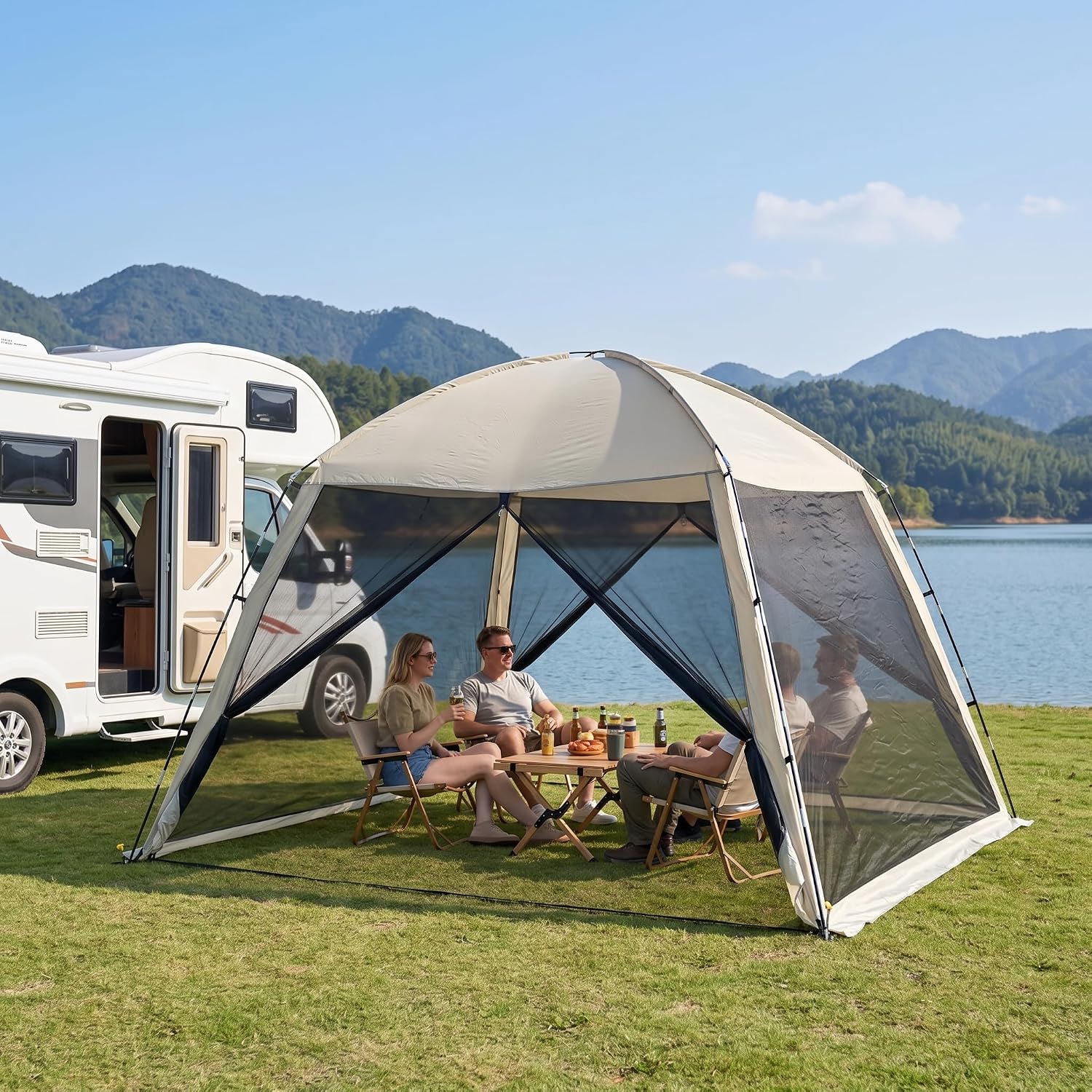 10.2 × 10.2 ft Camping Sunshade Tent, mesh Pavilion, Suitable for 8-10 People, Waterproof and Easy to Set up, Portable Design with Handbag, Suitable for Family Camping and Outdoor Activities