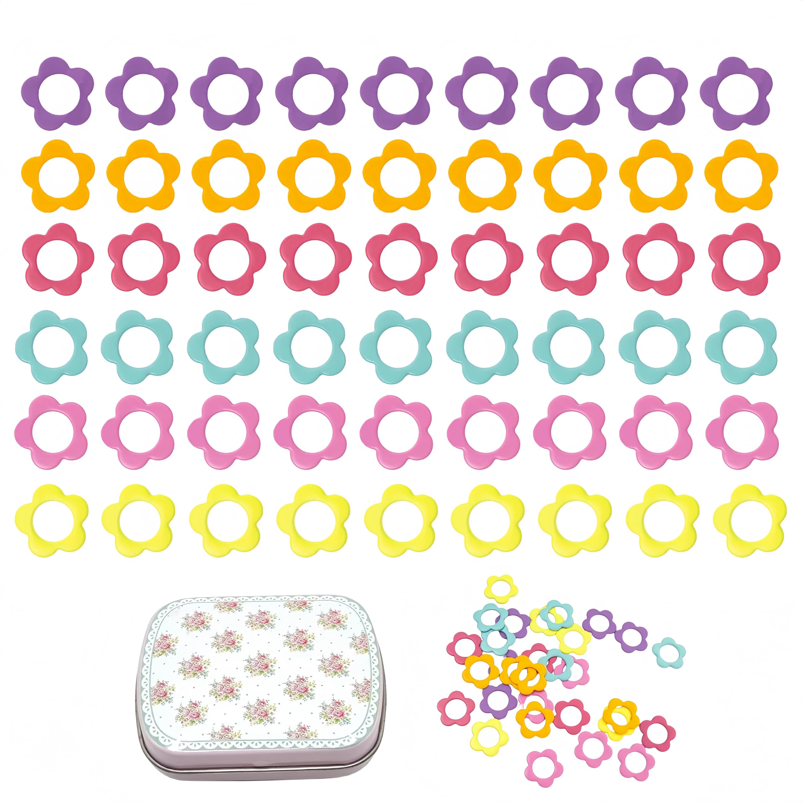 Wonafa 50Pcs Flower Metal Stitch Markers,Metal Colorful Crochet Stitch Markers,with Storage Box for Crocheting Clothing Tag DIY Craft Project (Flower-50Pcs)