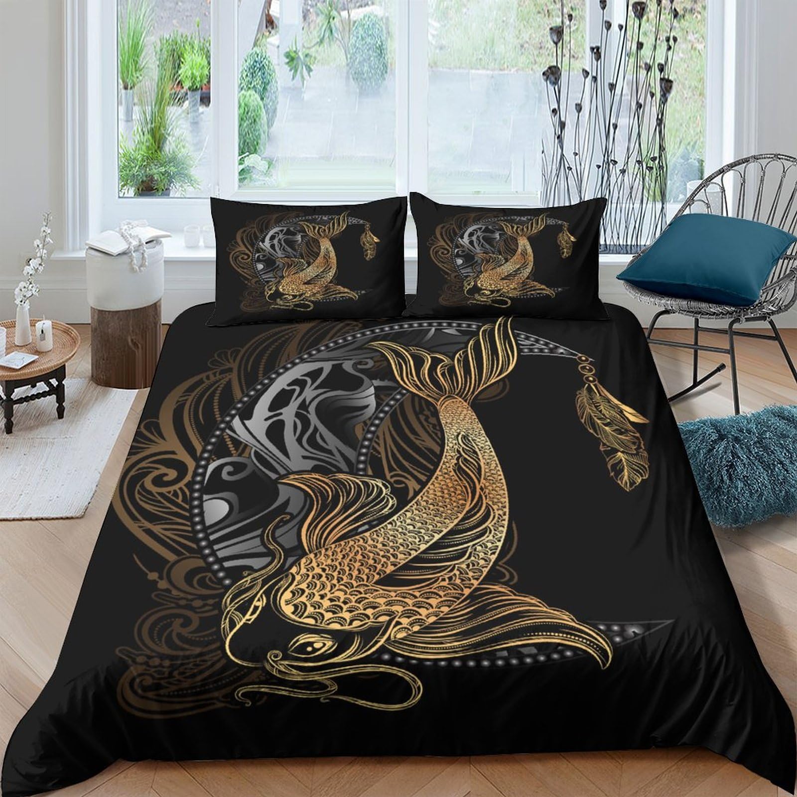 Ctjqhvkz Style-7 3D Printed Golden Koi Fish Fitted Sheet Microfiber Black Decorative Asian Dragon Bed Cover For Adult Bedroom Dorm Mattress Protection Single（135X200cm）