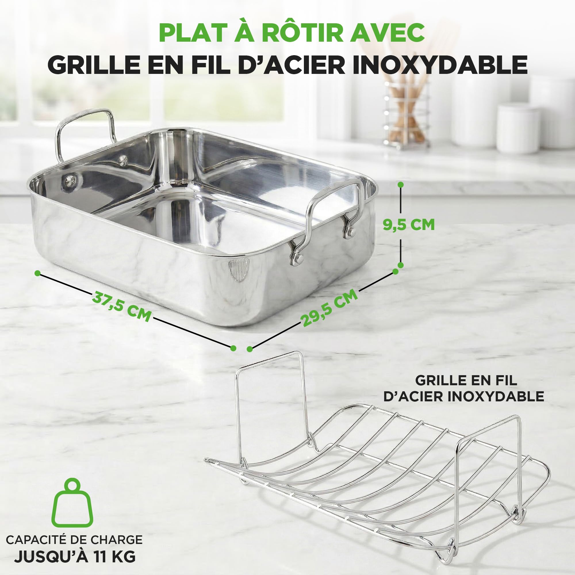 NutriChef Plat à Rôtir en Acier Inoxydable de 36 cm avec Grille en Fil Poli – Plat a Rotir avec Grille avec Poignées Intégrées - Ustensile de Cuisson Robuste pour Dinde, Poulet, Viandes, et Plus