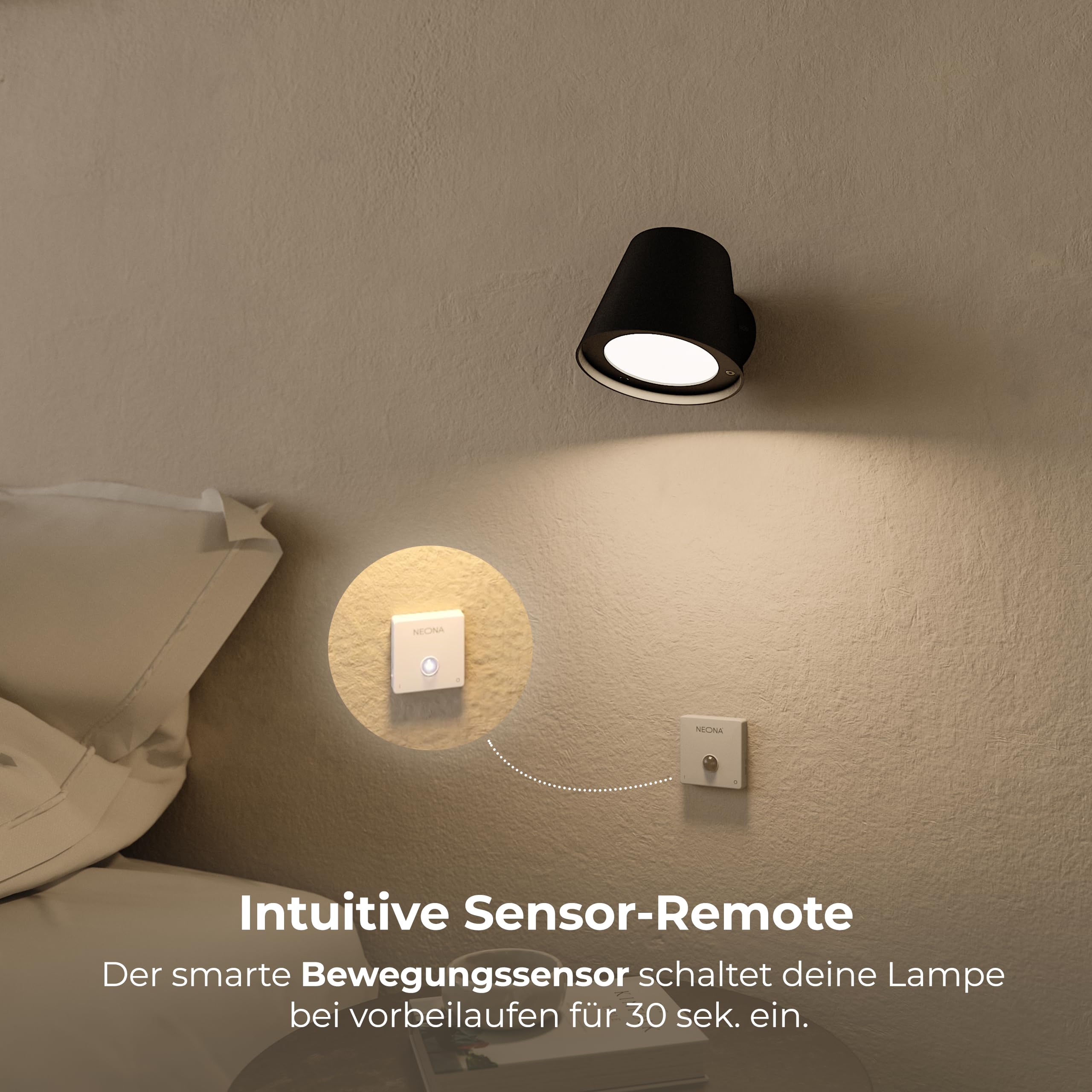 NEONA GINO – Kabellose Akku‑Wandleuchte, LED dimmbar (bis 10 Std.), magnetisch & ohne Bohren, mit Touch, Fernbedienung & Bewegungssensor – Schwarz/Weiß