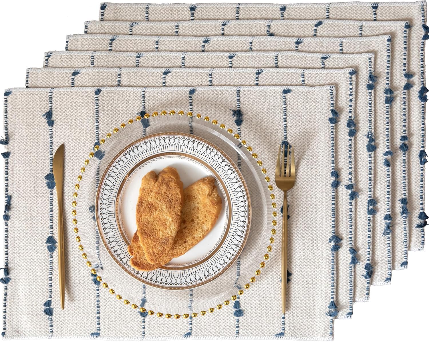 ALSTONIA Handmade Designer Cotton Dining Table Placemats | Heat Resistant Dining Table Place Mats| (Blue & White, 6 Pcs Placemats with 1 Runner(14"x54")