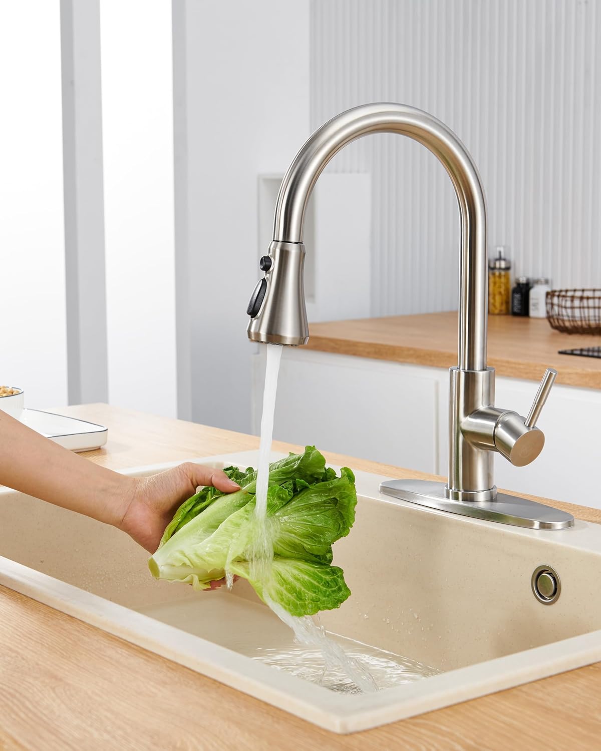Kitchen Faucet Head Replacement, 3-Function Pull Down Faucet Spray Head with 15 Adapters - Replacement Pull-Out Sink Spout Sprayer Nozzle, Brushed Nickel