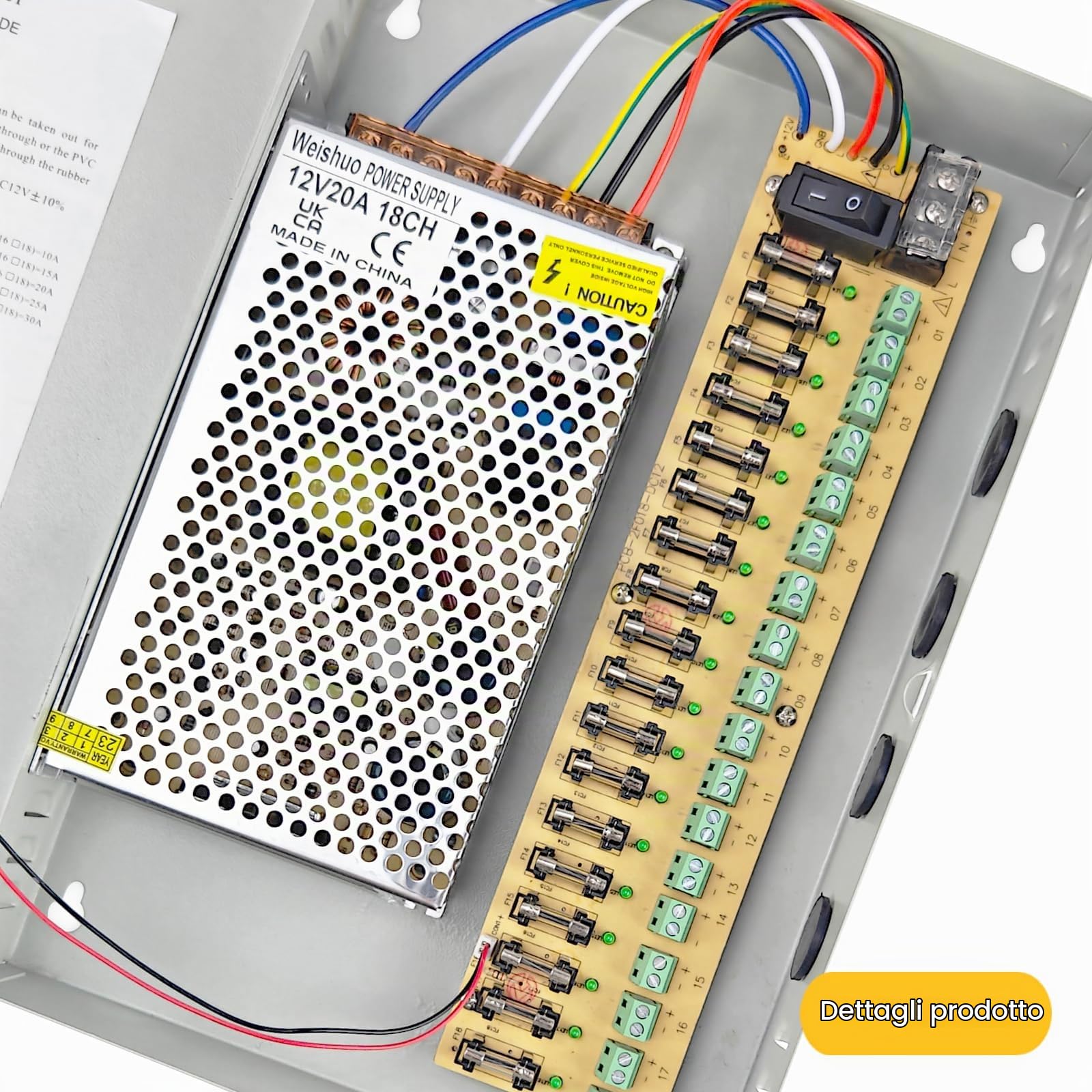 Alimentatore CCTV 12V 20A 240W, Scatola di Alimentazione Interruttore 18 Canali, Alimentazione Centralizzata per Telecamere di Sorveglianza, Striscia LED, Illuminazione Esterna, Apparecchi Industriali