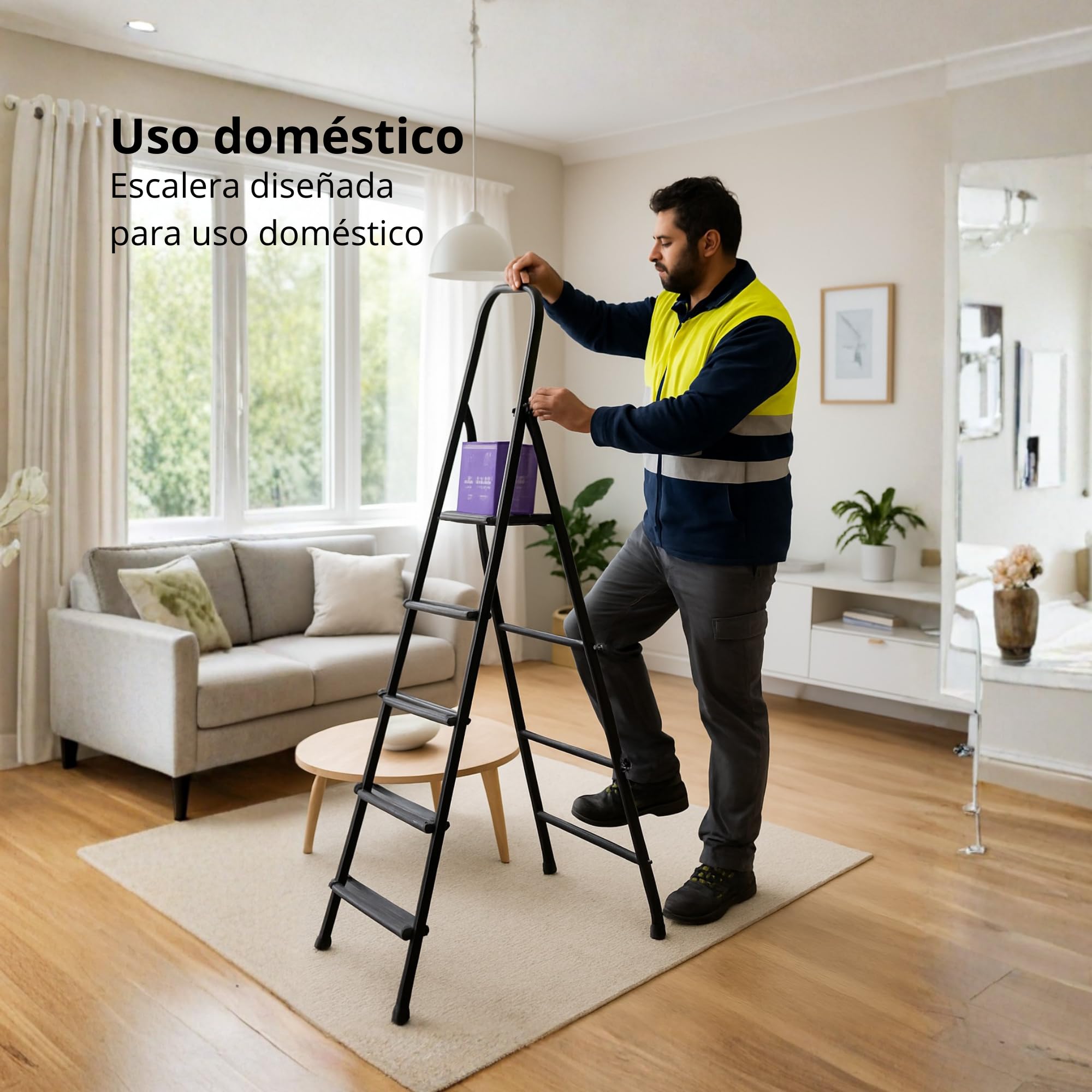 Homelux P19263 Escalera Plegable 4 Peldaños Anchos con Pasamanos – Peldaños de Polipropileno Antideslizantes con Estructura de Abeja – Escalera Hogar Segura y Compacta