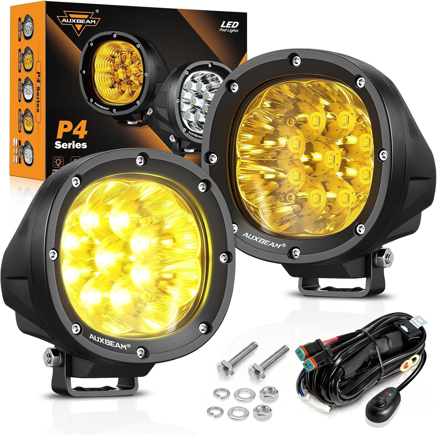 Auxbeam P4 4 Inch 90W Amber LED Fog Lights 9000LM Spot Beam Pods - Offroad Ditch Lights for Jeep Wrangler Trucks SUVs ATVs 2-Pack