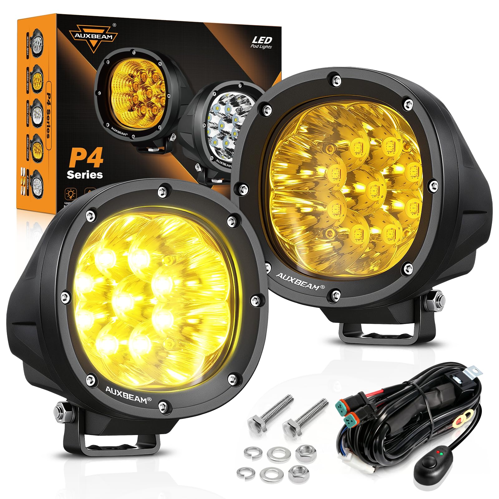 LED Amber Fog Lights 4Inch 90W Round LED Offroad Lights 9000LM Round Driving Light Bar Yellow Spot Light Pods Amber Off Road Lights Combo Beam for Trucks Jeep SUV ATV UTV