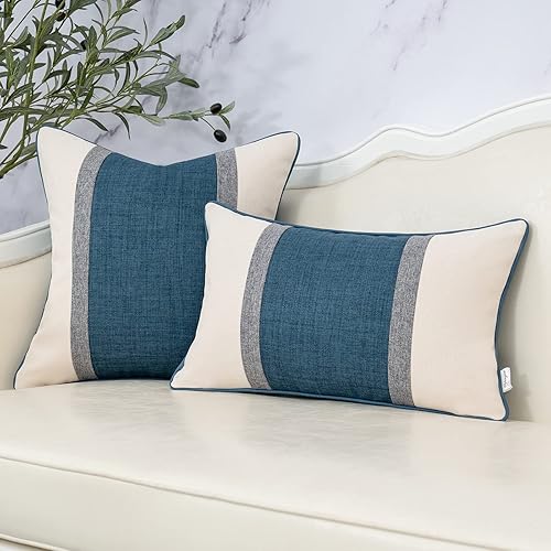 Miniatura 5 de Yangest Funda de almohada lumbar de lino con retazos azules, funda de cojín rectangular neutral para sofá, dormitorio, sala de estar, decoración del