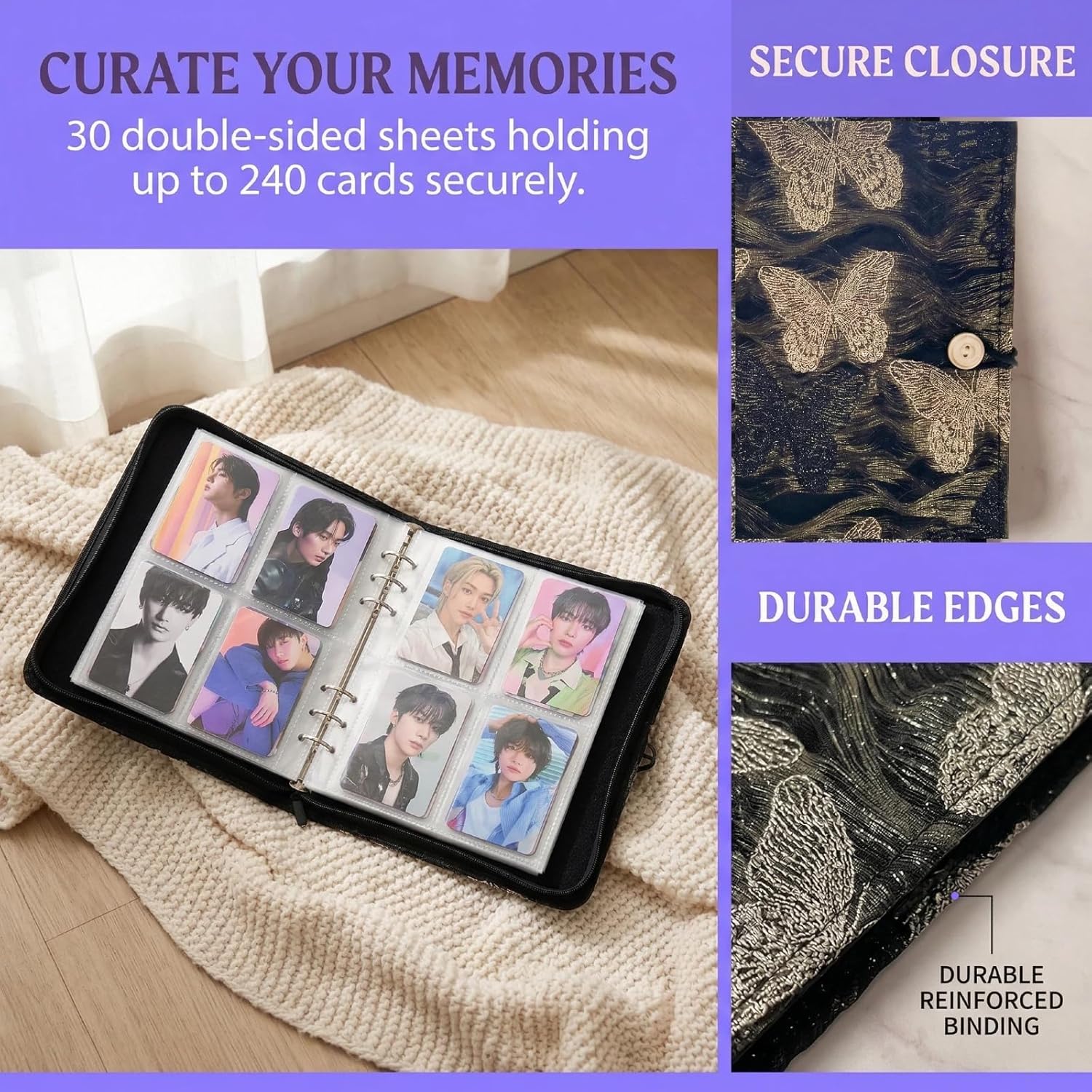 Soft Fabric Photocard Binder,Photo Card Holder, Kpop Photocard Binder,Pokemon Card Binder, 4 Pocket Card Binder,Can Hold 240 Cards (black)