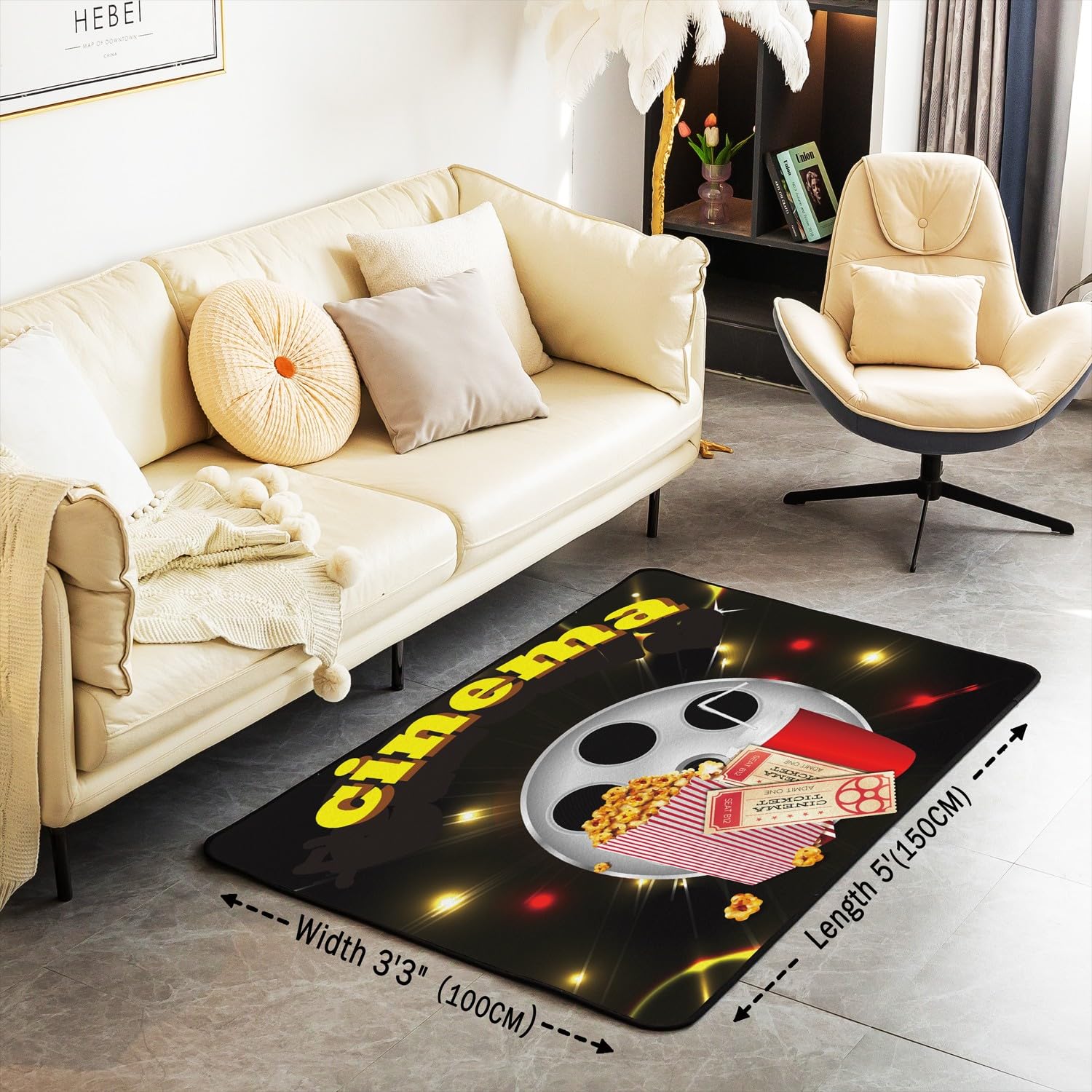 Tappeto decorativo a tema cinematografico, 150 x 200 cm, decorazione per cinema, soggiorno, per bambini, ragazzi e ragazze, decorazione per la notte del cinema, tappeto decorativo popcorn