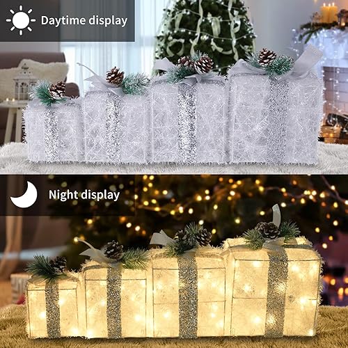 Miniatura 2 de Juego de 4 cajas de regalo iluminadas de Navidad, juego de regalo con luz preiluminada con diferentes tamaños para decoraciones de vacaciones en