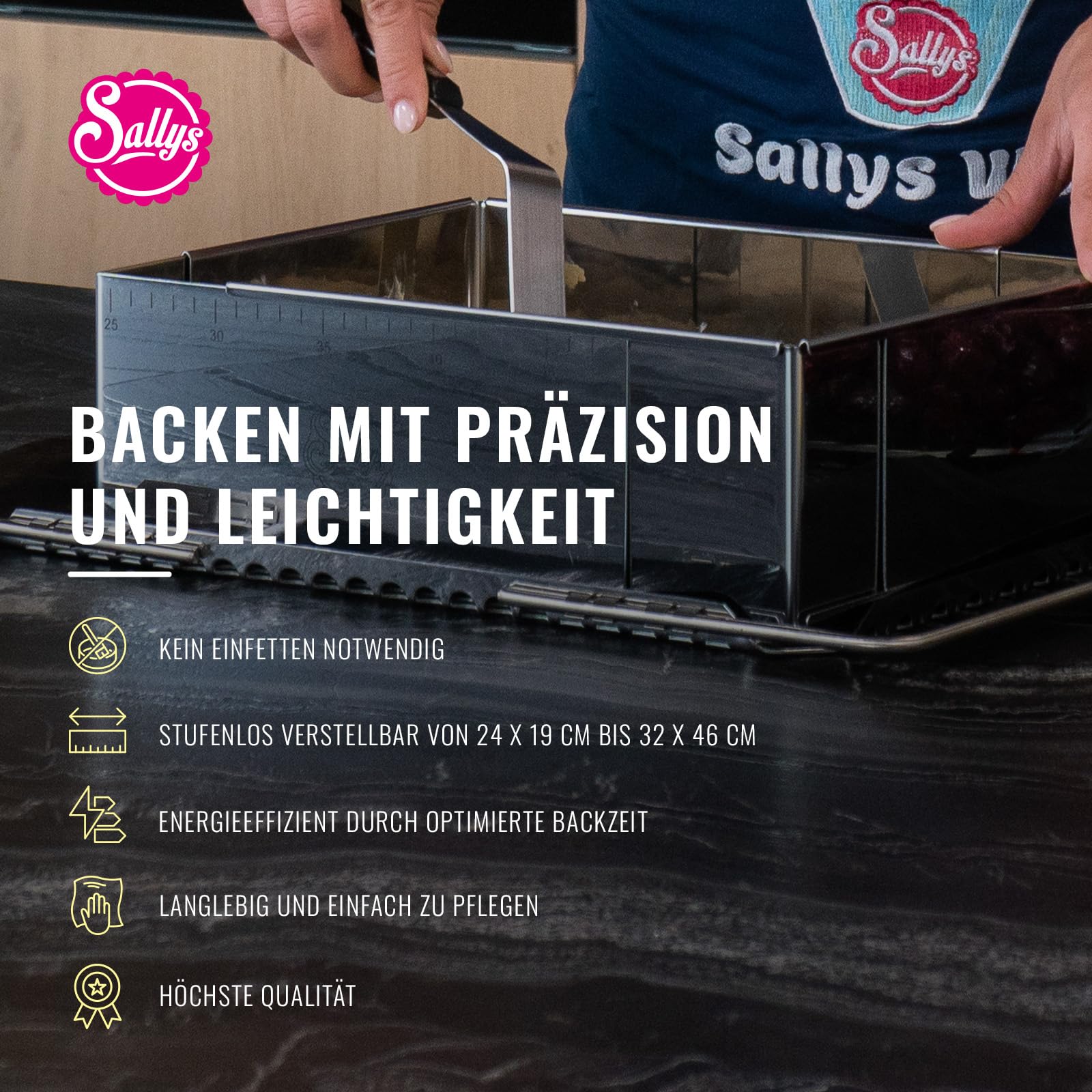 Sallys Backrahmen - Verstellbare Größe von 24x19cm bis 32x46cm - 10cm hoch - Eckige Backform aus Rostfreiem Federbandstahl - mit Skalierung - Spülmaschinenfest