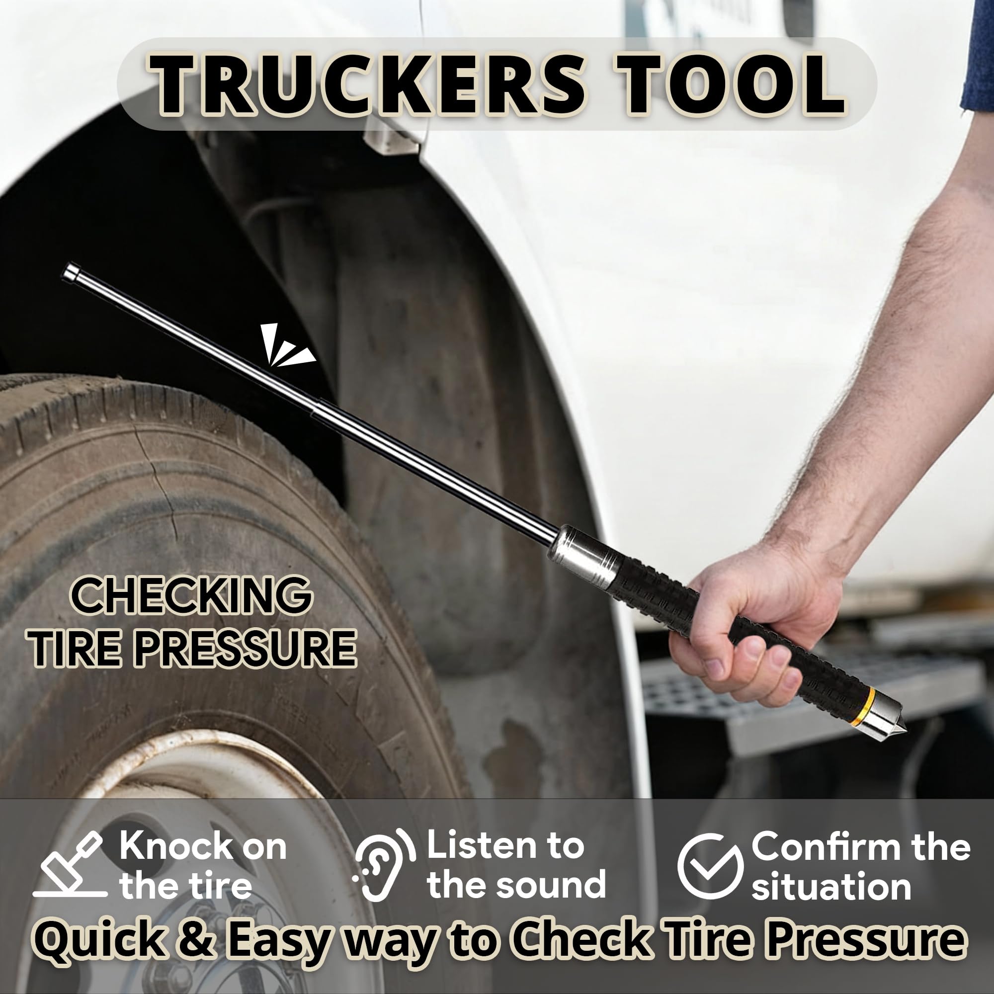 26-Inch Heavy-Duty Tire Thumper – Black Stainless Steel Baton with Ribbed Handle and Wrist Lanyard – Truck Tire Pressure Checker, Glass Breaker, Self-Defense, and Utility Tool — view 3