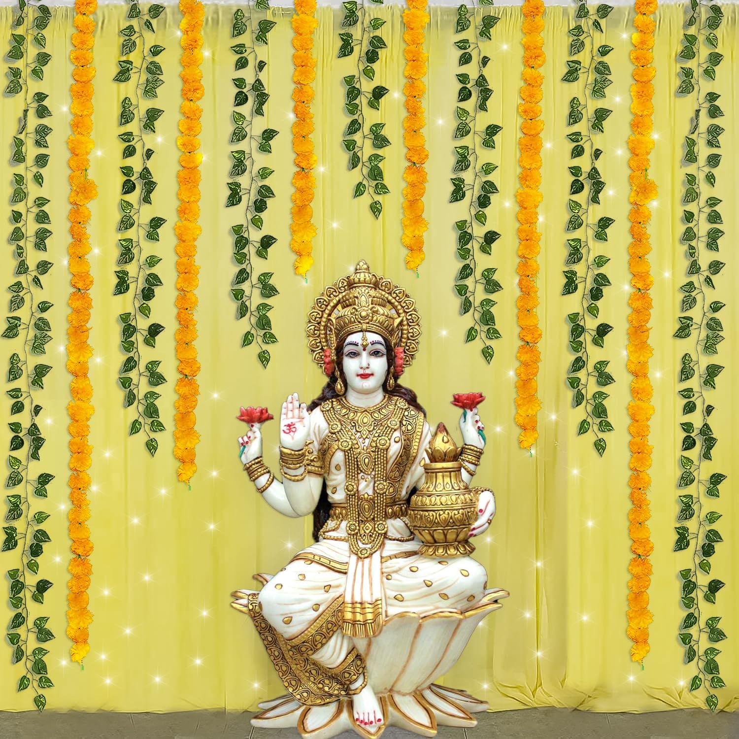 Special You ganpati Decoration Items for Home, ganpati Decoration Background, Yellow net Curtain with Artificial Marigold Flowers, LED Lights & Green Leaves for ganpati Decoration mandap - 13 Piece