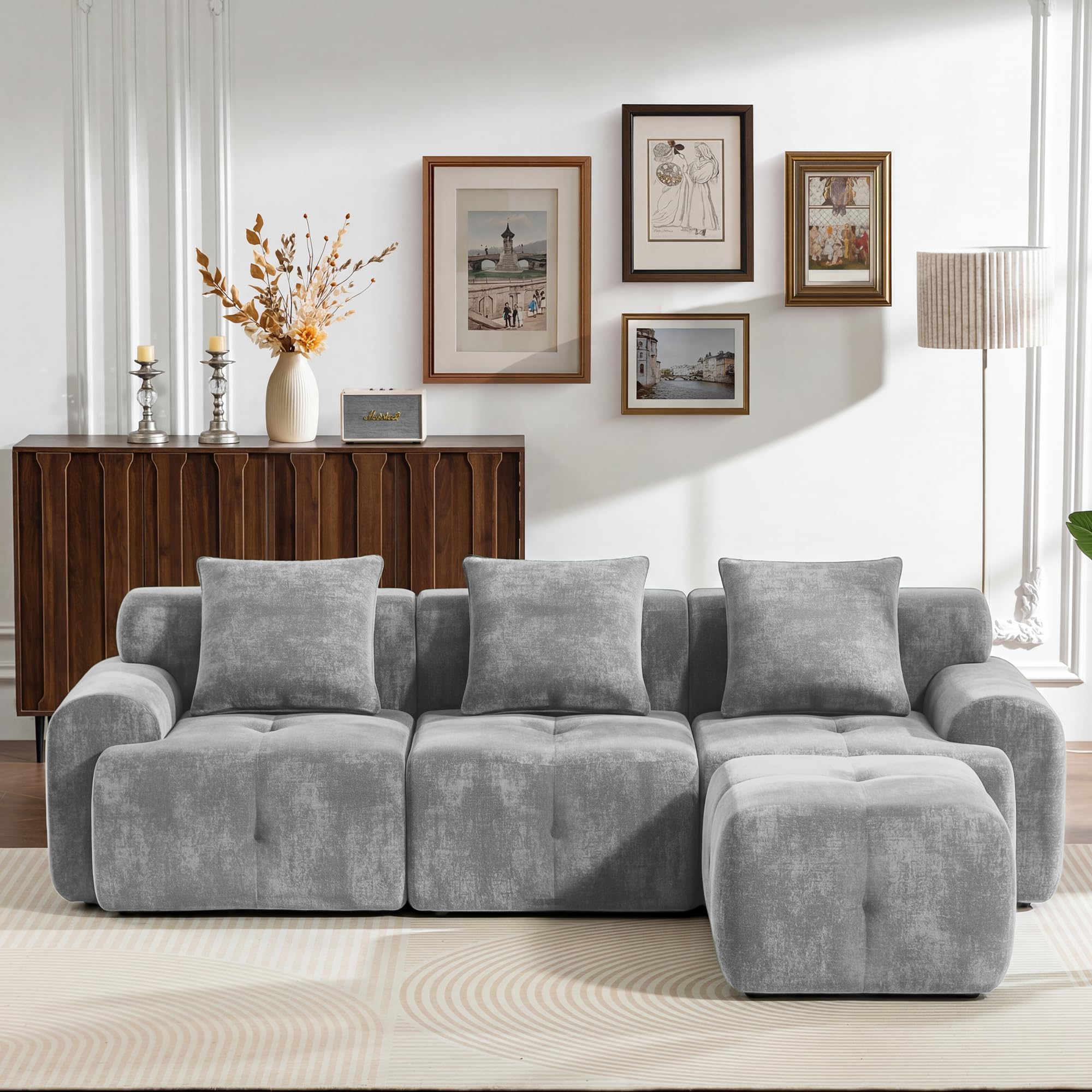 L-Shaped Sofa for Living Room, 4 Seater Boneless Corner Sofa Modular Sectional Couch with Deep Seat High Elastic Foam and Independent Pocket Movable Ottoman, No Assembly Required (Gray)