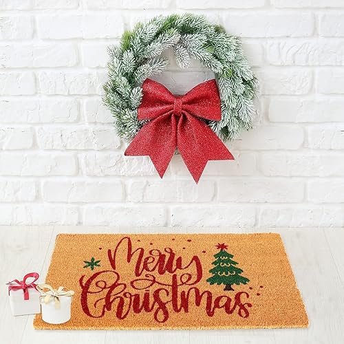 Miniatura 2 de Whaline Felpudo de puerta de fibra de coco natural antideslizante para el suelo, árbol de Navidad para interiores y exteriores, decoración de