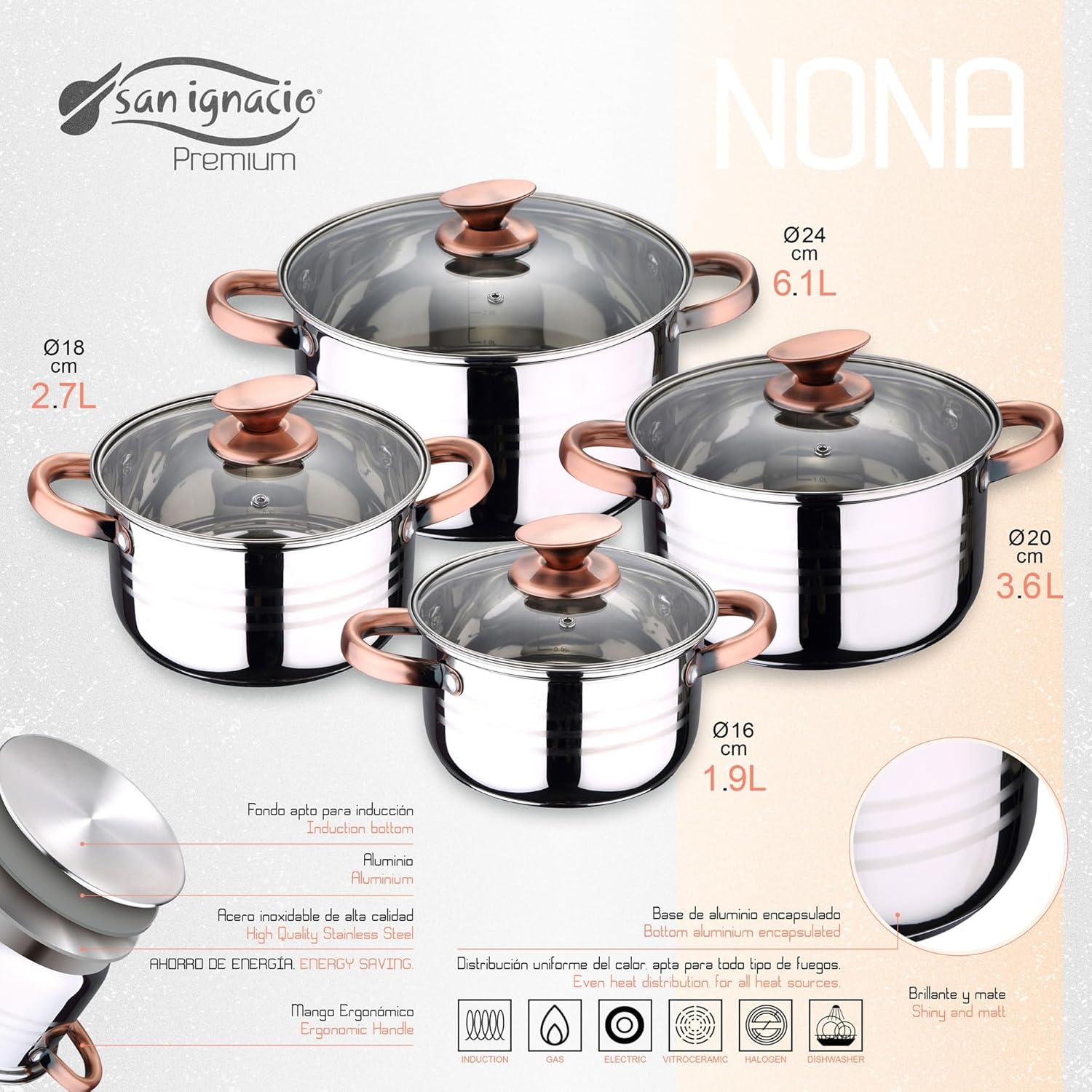 Kitchen Battery 8 Pieces SAN IGNACIO Premium Nona, Stainless Steel, with pan Set (22/24/26 cm) SAN IGNACIO Daimiel in Forged Aluminum