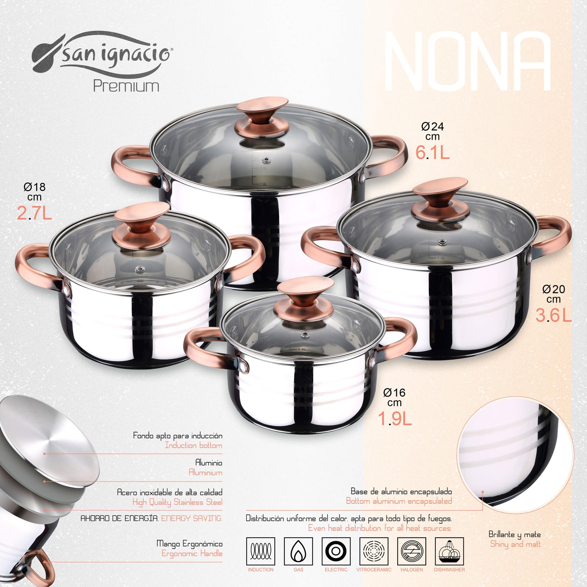 Batería de Cocina 4 cacerolas (1,9L + 2,7L + 3,5L + 5,1L) con 4 Tapas de Vidrio y 3 sartenes Ø16Ø20Ø24 en Acero Inoxidable apta para inducción