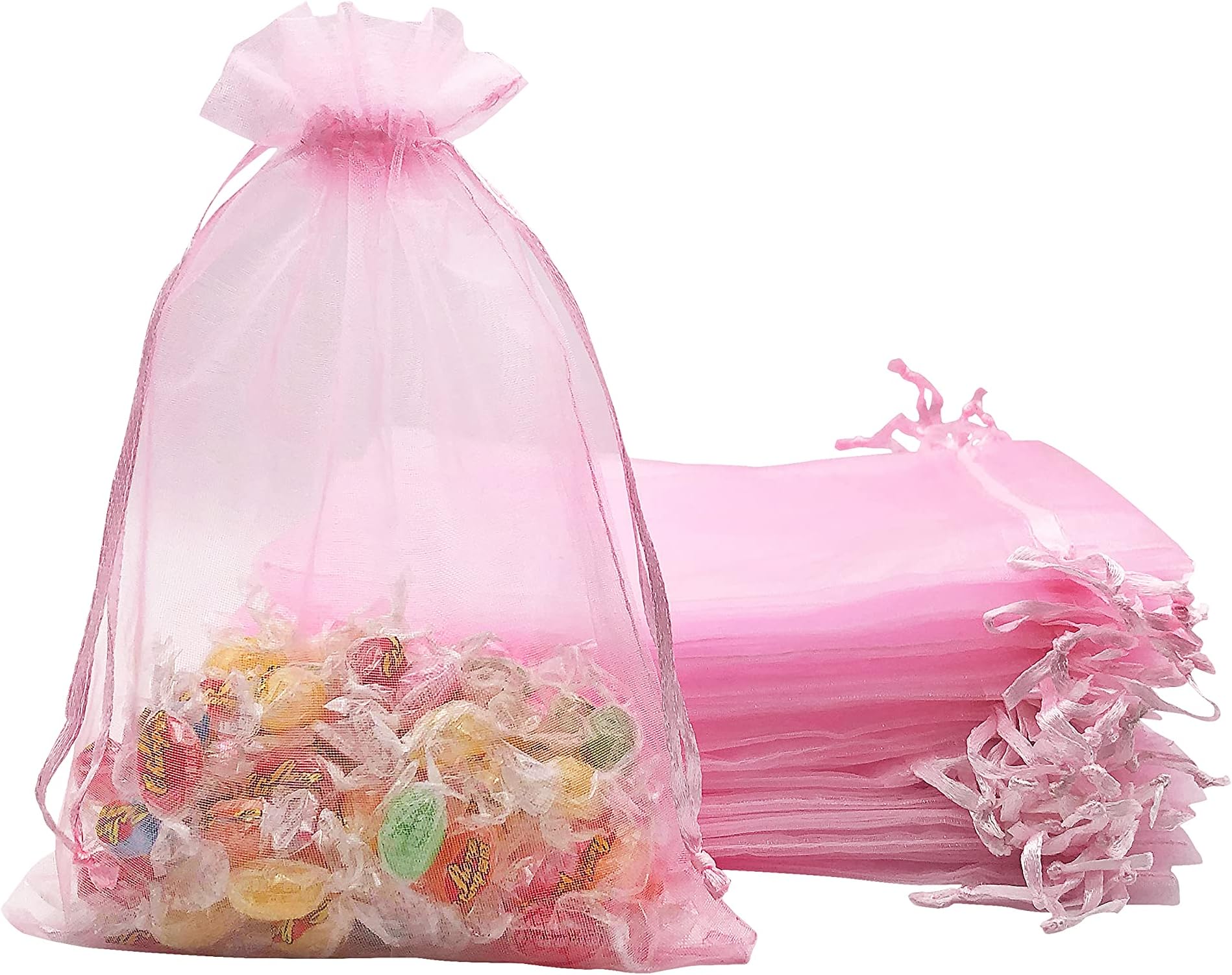 Jexila 100PCS Pink Organza Bags 5X7 Inch Mesh Bag Drawstring Gift Pouch Valentines Day Party Favor Goodie Candy Treat Bags (Pink 5X7)