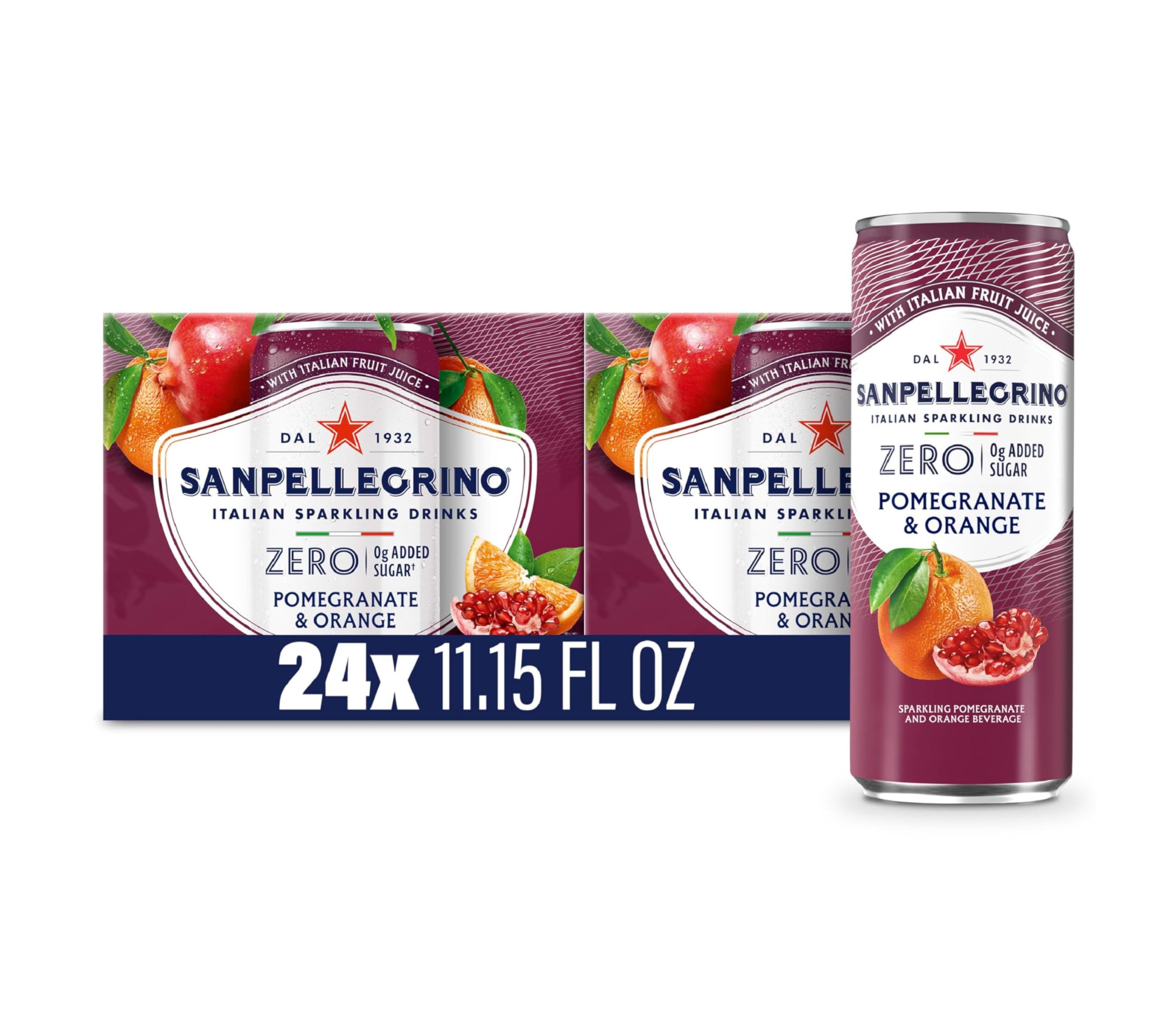 Sanpellegrino Zero Grams Added Sugar Pomegranate & Orange Italian Sparkling Drink, 24 Pack Of 11.15 Fl Oz Cans, Sanpellegrino Italian Sparkling Drinks, Low-Calorie Fruit Juice Beverages