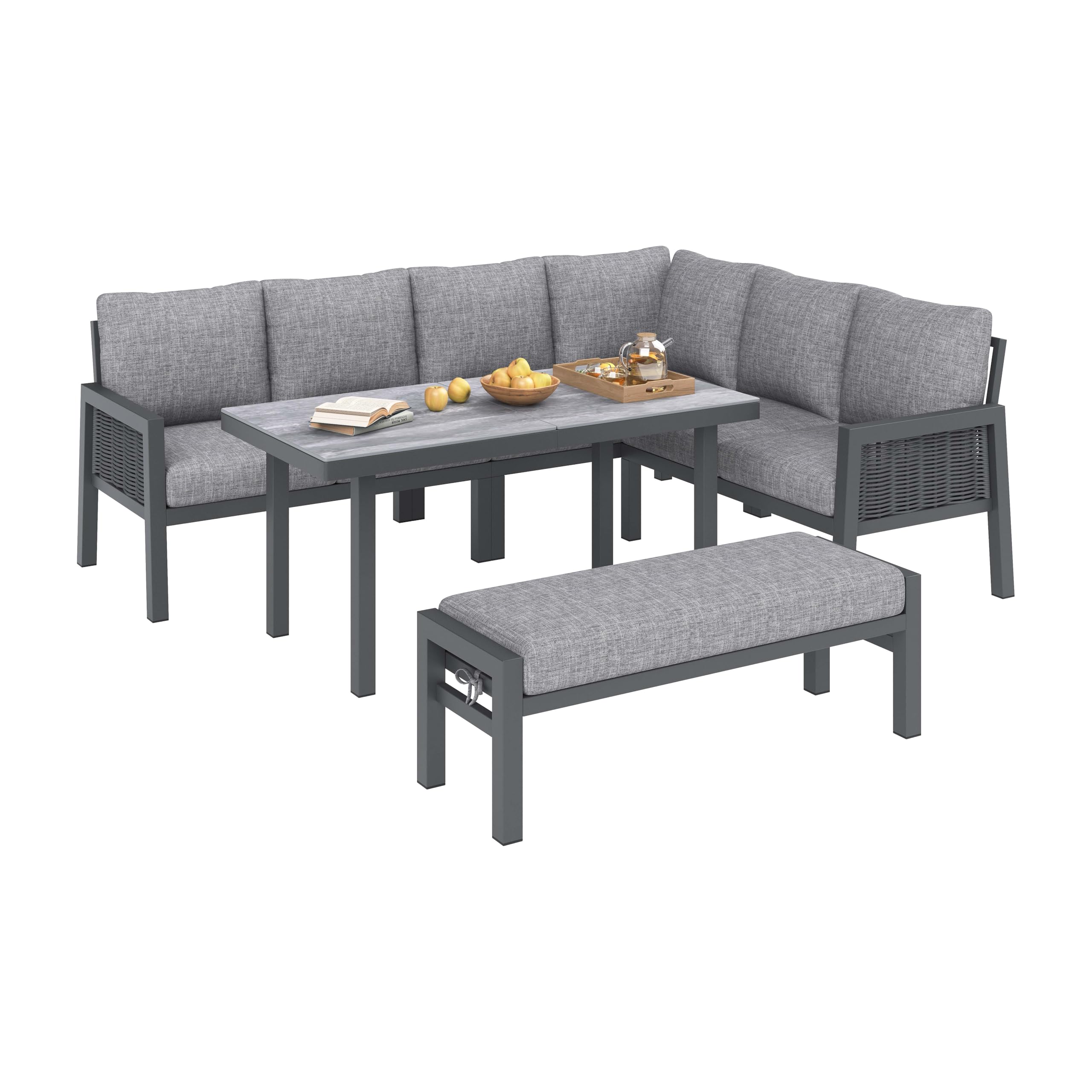Set da pranzo da giardino per 8 persone, sala angolare e panca, polietilene intrecciato, acciaio zincato, piano in vetro, grigio
