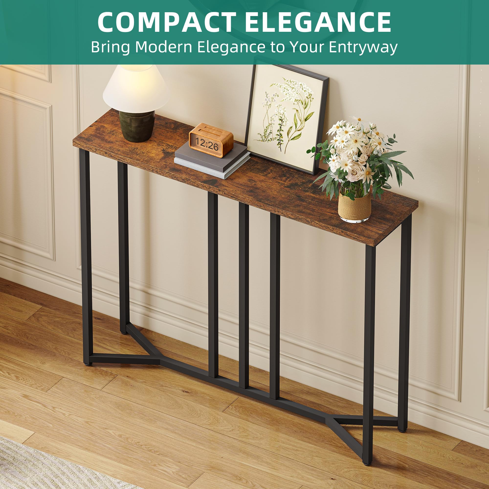 YITAHOME Console Meuble, 80CM Table Console Fine, Petite Table de Présentation, Table d’Entrée, Bout de Canapé, Table d'Appoint, pour Couloir, Entrée, Salon, Style Industriel, Marron Rustique