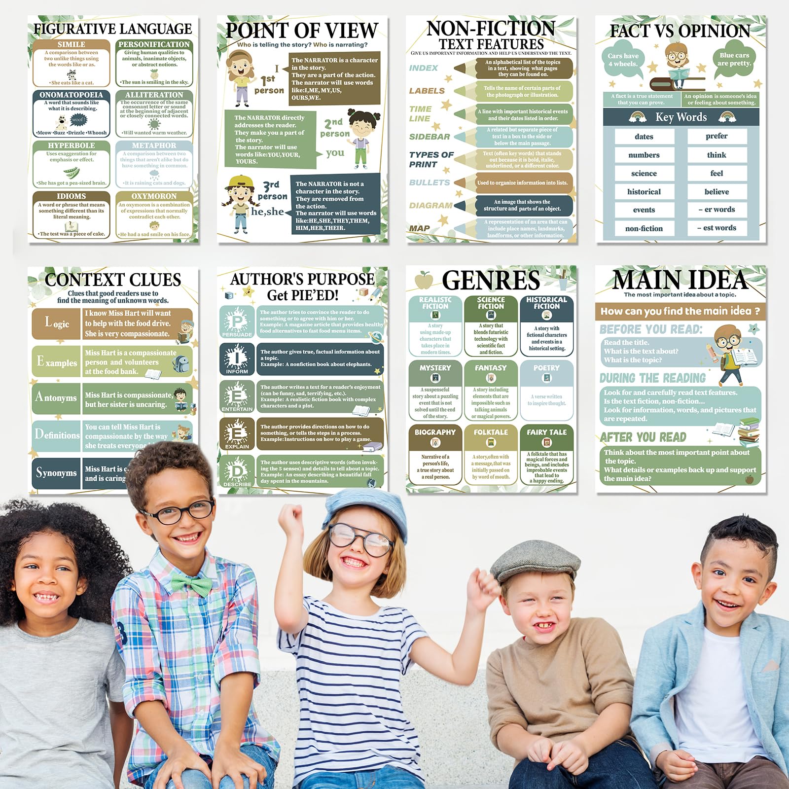 CHUNNIN 16Pcs Eucalyptus Reading Comprehension Poster for Classroom Decoration Sign Greenery Motivational Educational Literature Genre Bulletin Board Chart for Elementary Middle High School Wall Decor - Image 5