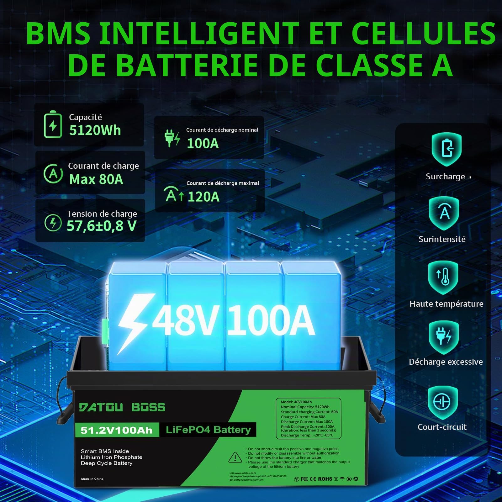 DATOUBOSS Batterie Lithium 48V 100Ah LiFePO4,BMS intégré 100A,15000+Cycles Cycle Profond Batterie Lithium,Max 5120W Puissance supportée en série/parallèle,Parfait pour Solaire, Off-Grid