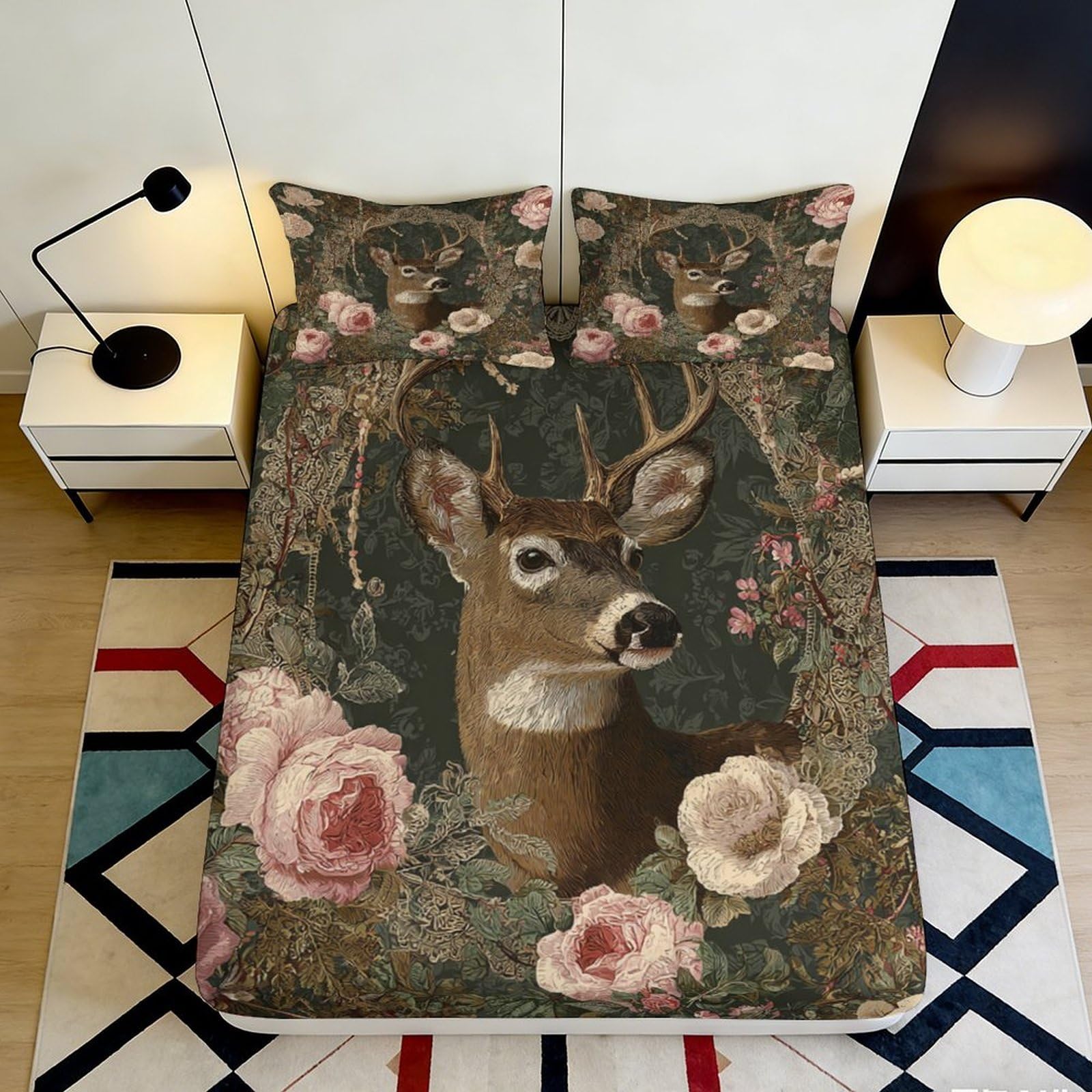 3D Printed Forest Deer Fitted Sheet Microfiber Floral Woodland Mattress Cover for Bedroom Guest Room Dorm Decor 90x200x25cm
