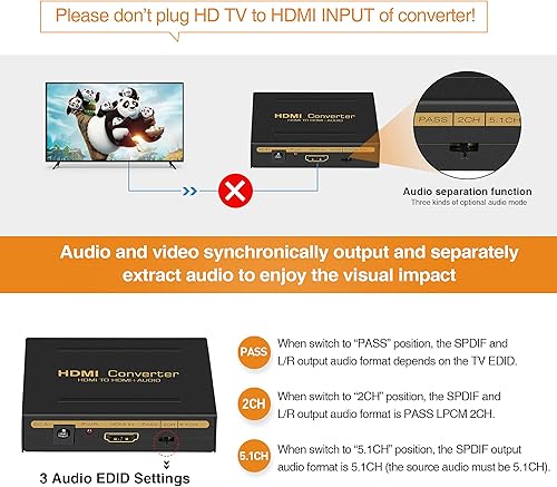 Miniatura 3 de avedio links Convertidor extractor de audio HDMI 4K a 60Hz, adaptador de divisor de audio de video HDMI + (SPDIF + LR estéreo), compatible con Fire