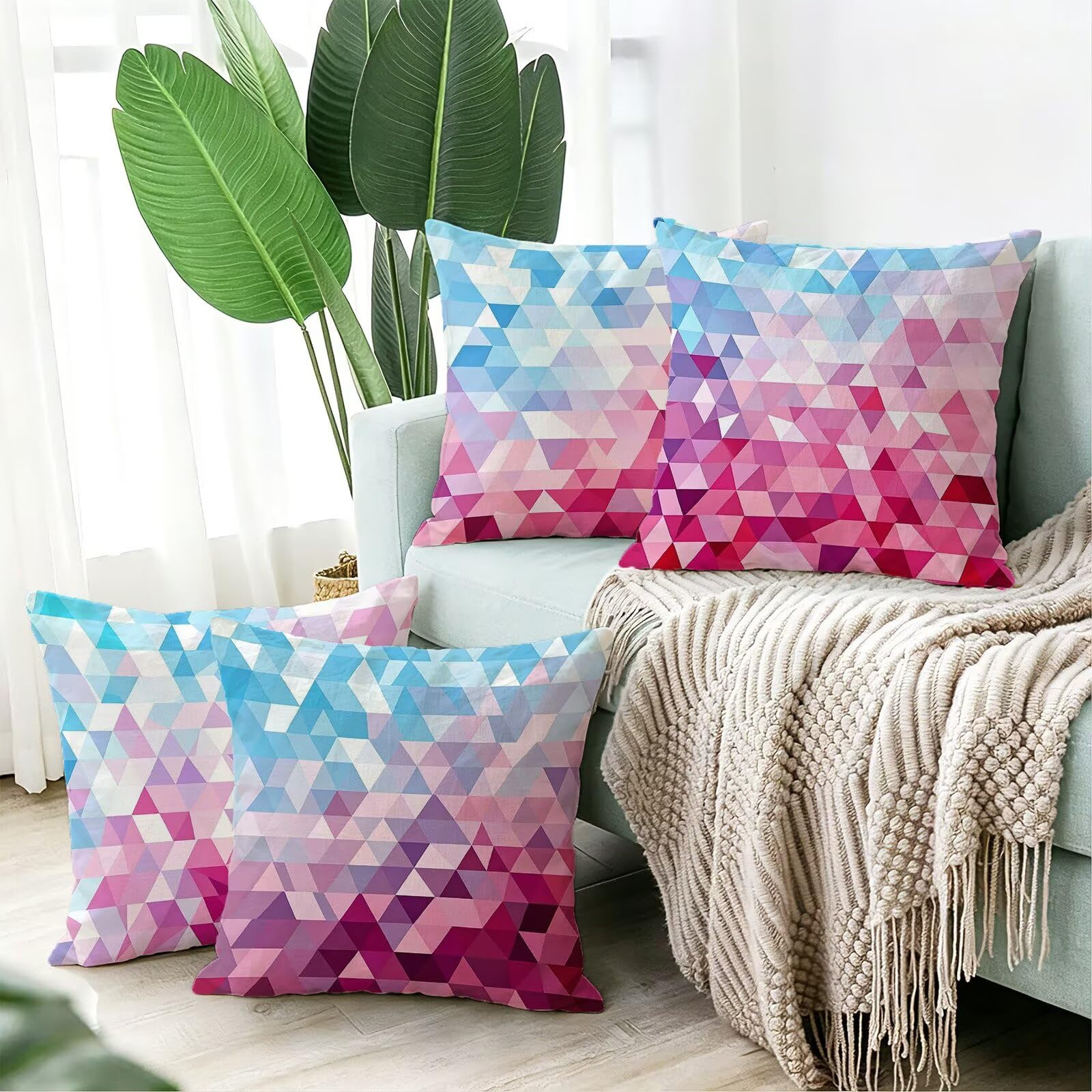 Rosa Federe Cuscini Divano 50x50cm, Cuscini da Esterno Set de 4, Cod-151 | Velour Copricuscini Decorativi Letto Arredo, per Letto, Soggiorno, Giardino, Esterno, Casa Decorazione Set di 4 Geometria