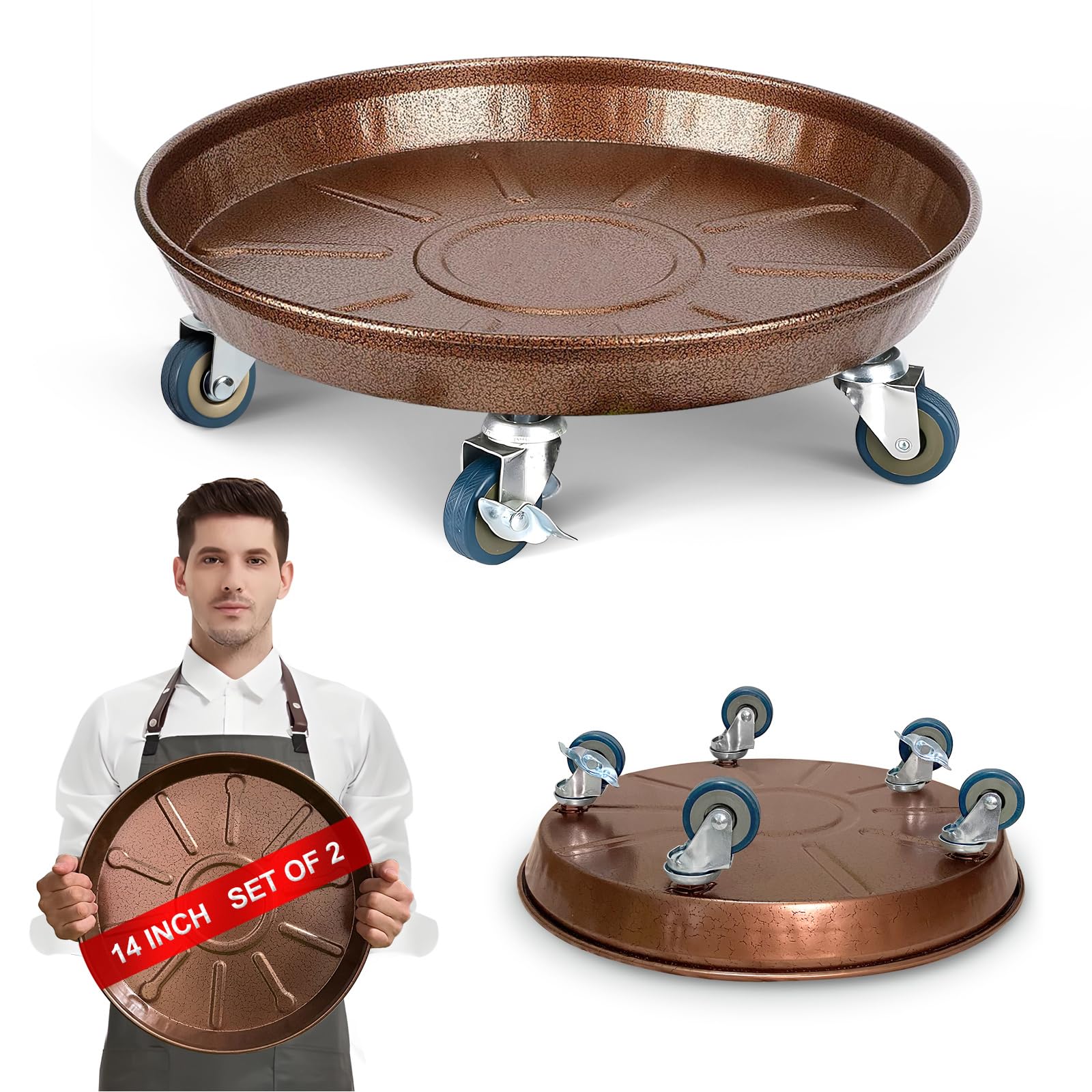 14" Metal Plant Caddy with 5 Iron Wheels Heavy Duty 2Pack, Big Round Rolling Plant Stand with Brake Casters, 350Lbs Capacity, Mobile Indoor Outdoor Flower Potted Tray Dolly, Bronze