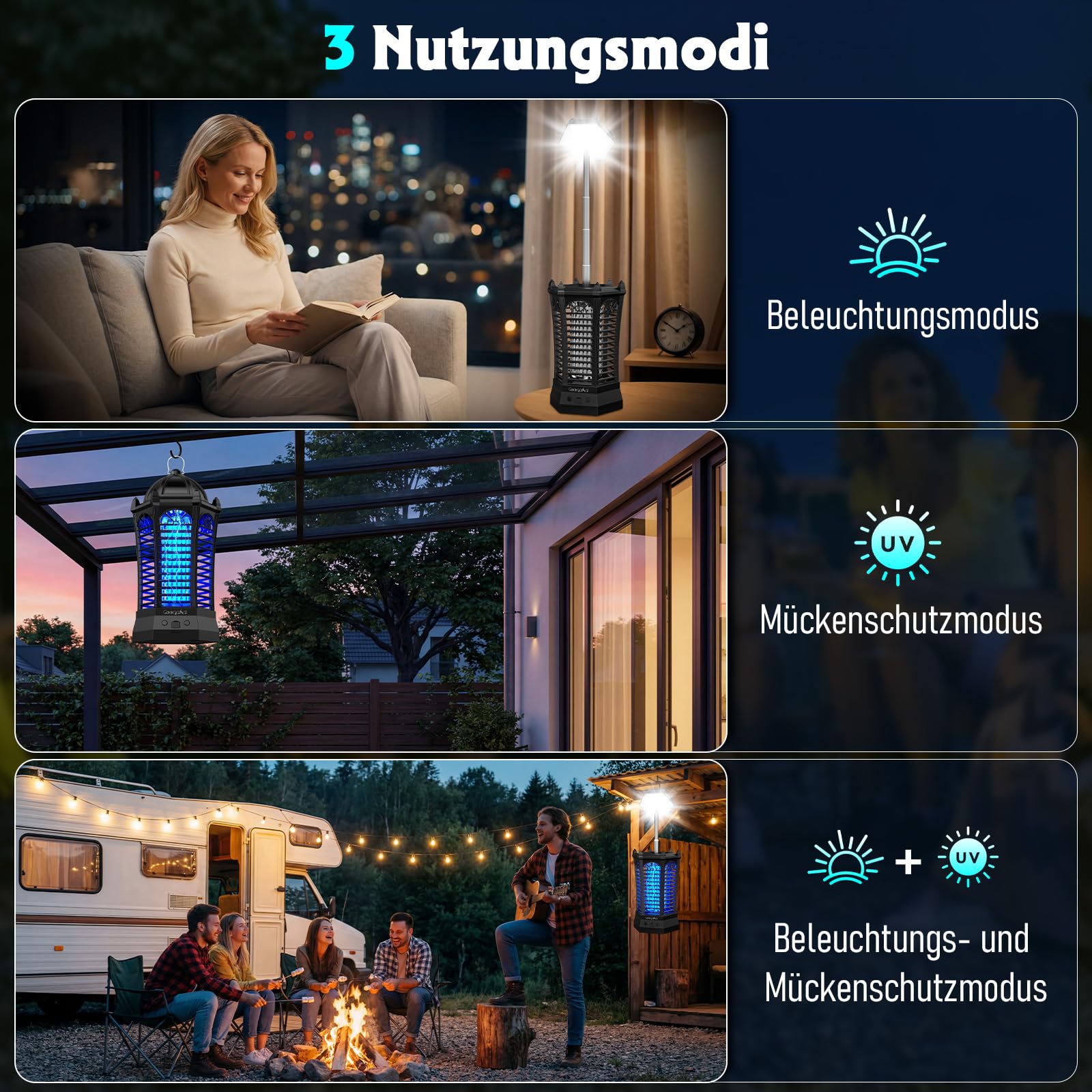 Insektenvernichter Elektrisch mit LED-Beleuchtung, Mückenfalle mottenfalle für Innen Außen 4000mAh Akku, IPX4 wasserdicht, Sicher, ungiftig & Geruchsneutral,Schlafzimmer,Küche,Wohnzimmer