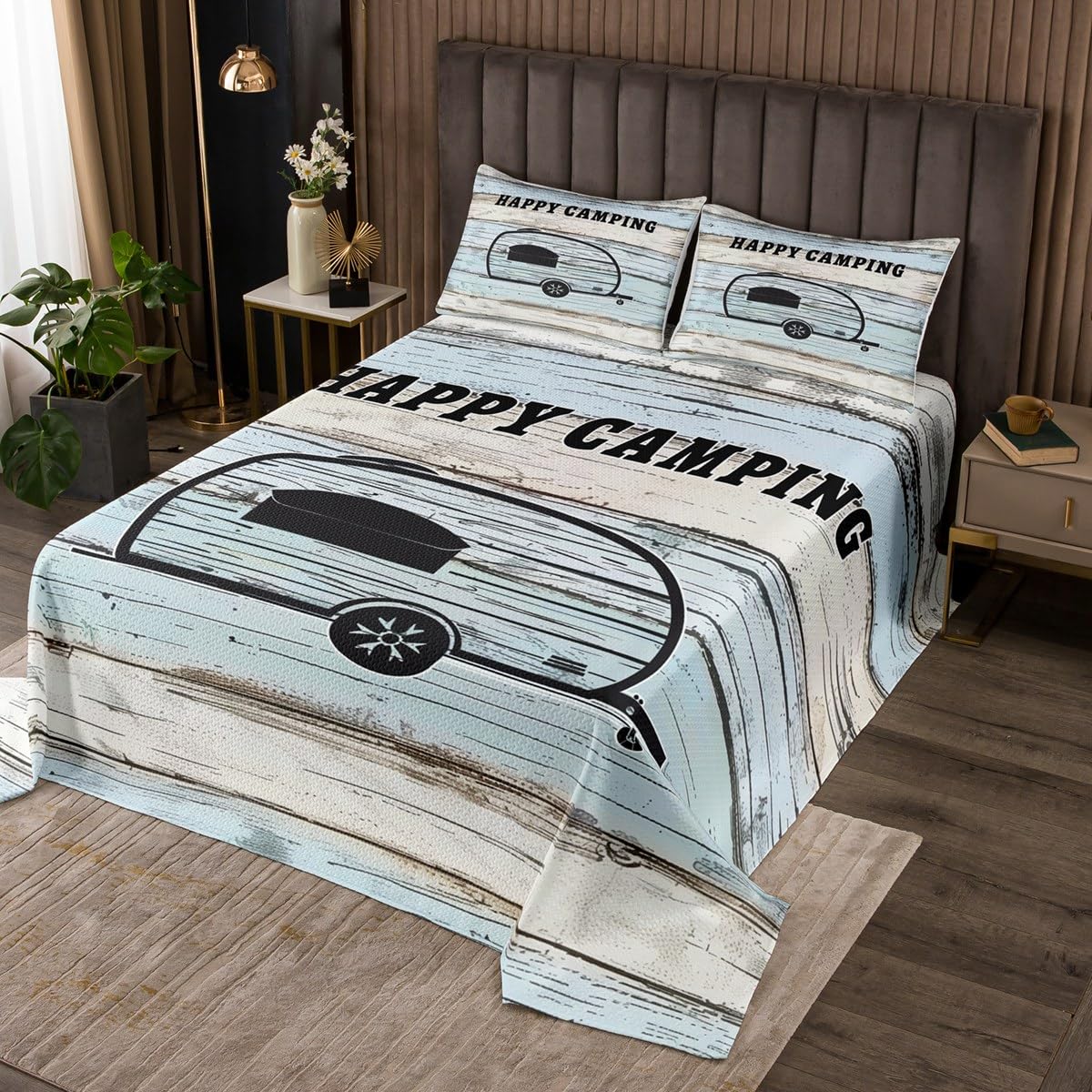 jejeloiu Happy Camping Bedspread Camper Bedspread for Kids Boys Girls Camper Old Barn Door Coverlet Set Trailers Themed Quilted Bedroom Collection 2Pcs Twin Size