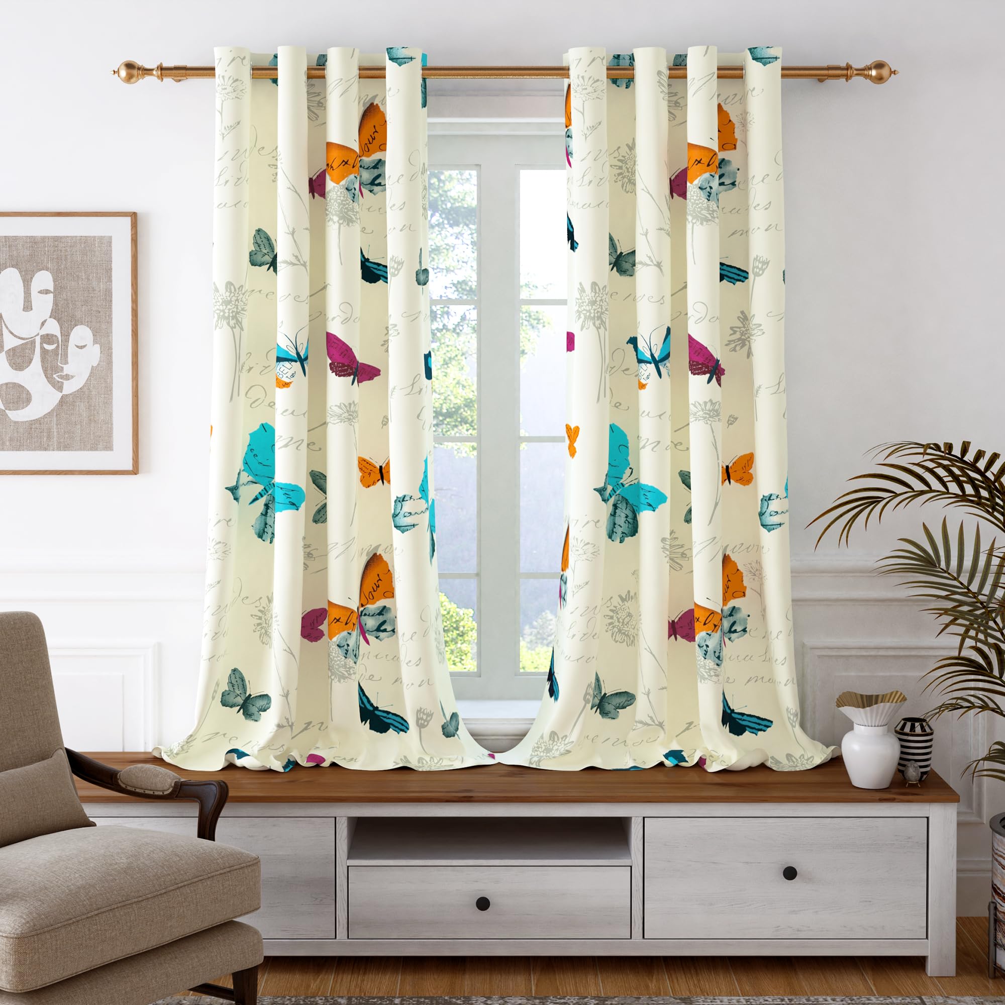 Story@Home Curtains 5 Feet Long, 100% Cotton Window Curtains Canvas Fabric Tieback, Butterfly Print, Cream| 118 cm X 152 cm, 1 Piece