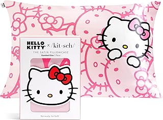 Kitsch x Hello Kitty Pillow Case – Pink Kitty Faces Toddler Bed Time Satin Pillowcase with Zipper – Soft Cooling Pillow Cover for Hair & Skin – Better Than Silk Pillowcase – Queen/Standard 19x26