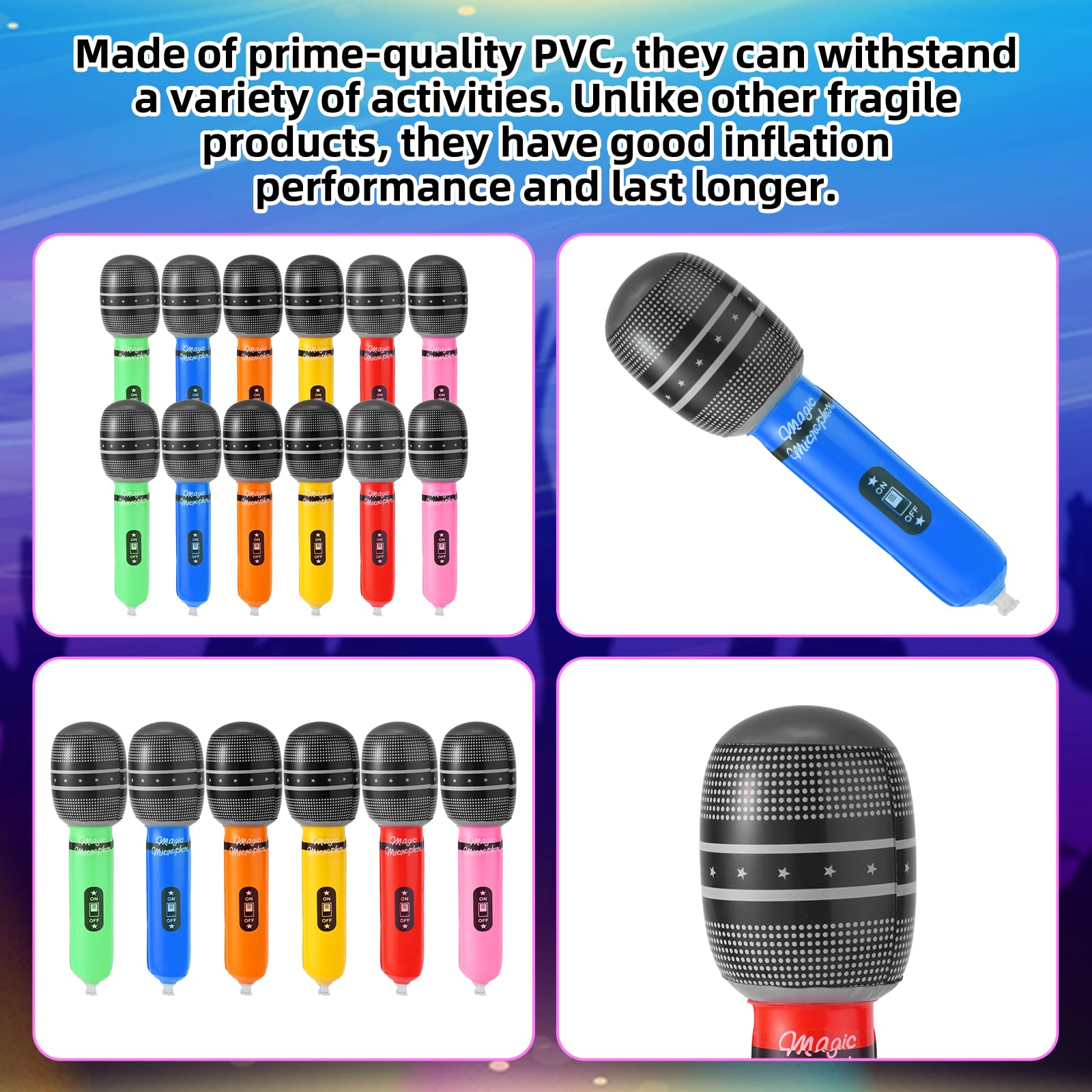 12 micrófonos inflables, recuerdos de fiesta, 8.66 x 1.97 pulgadas, película de aluminio de 6 colores, accesorios de micrófono falsos a granel para niños, karaoke, concierto, temática de DJ 4