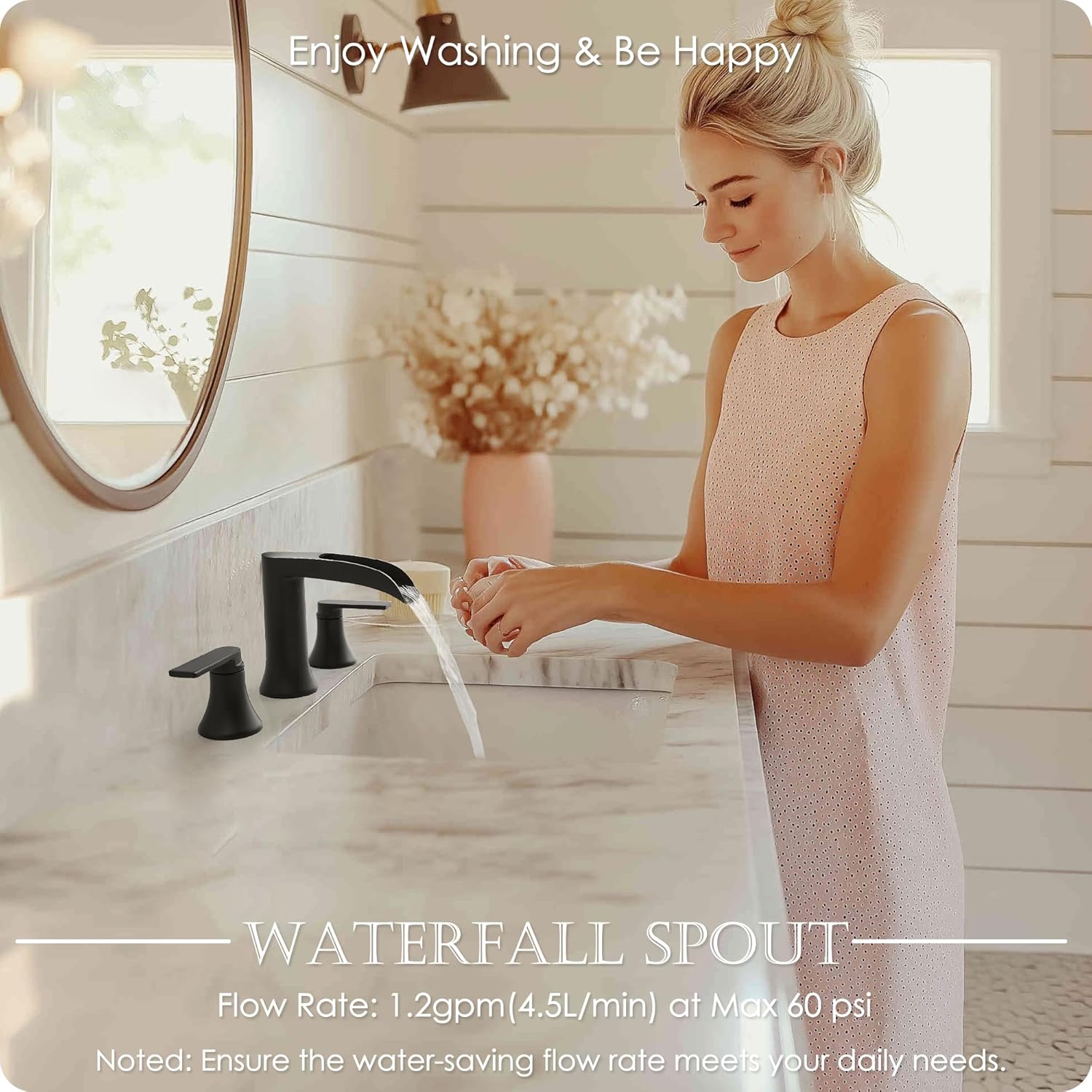 Matte Black Widespread Bathroom Sink Faucet 3 Hole, 8 Inch Waterfall Faucet for Bathroom Sink with Pop-Up Drain and cUPC Supply Lines, 2 Handles for Vanity Lavatory Restroom, Brass Material