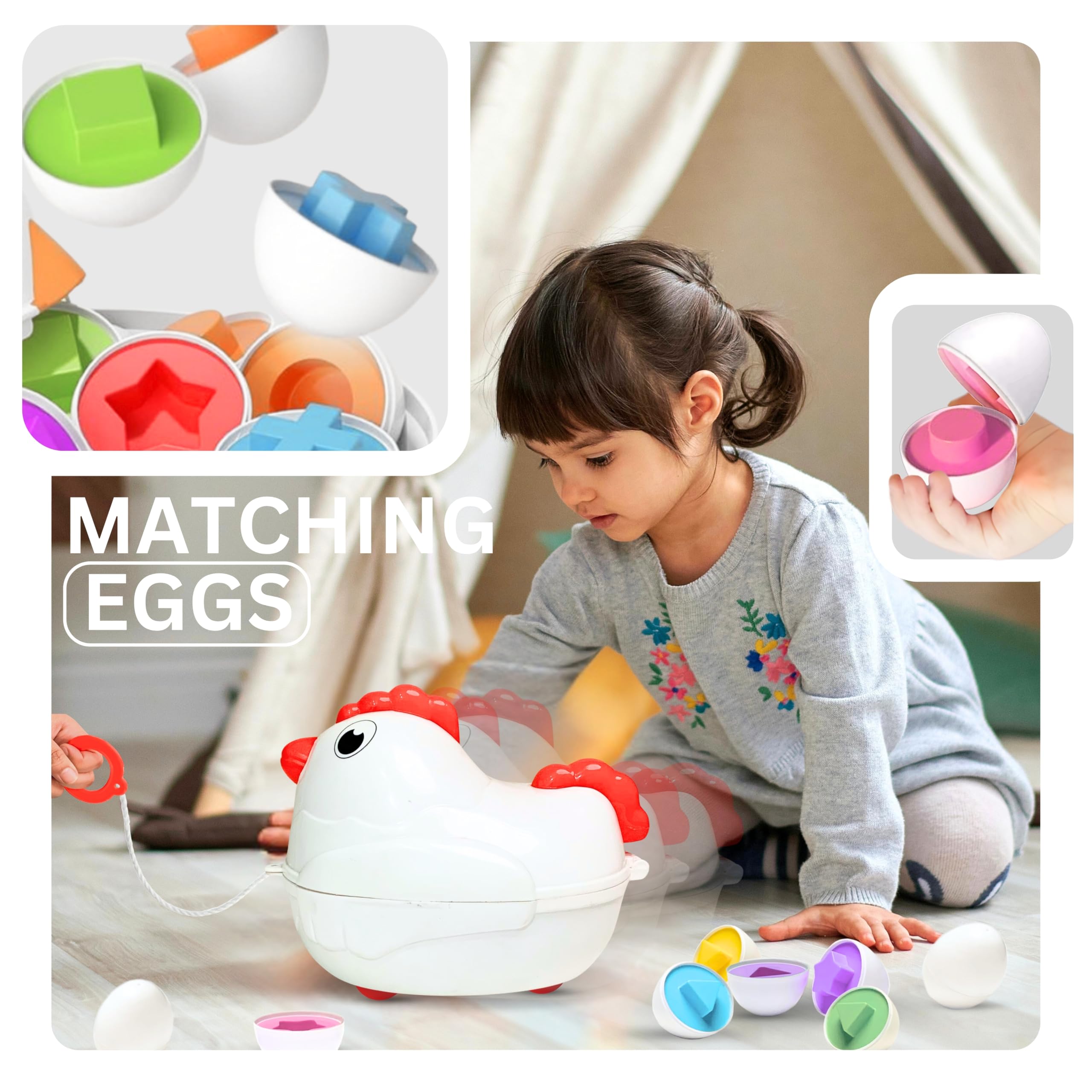 Kids First Step Matching Shapes Eggs | Activity Toy for Babies | 12 Multicolor Eggs | Educational Game for Toddler & Preschool Kids | Pull-Along Hen Toy with Wheels