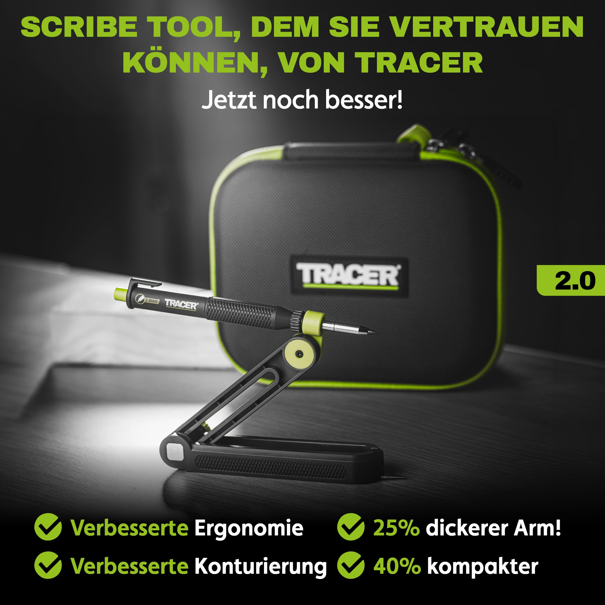 TRACER TrueScribe Anreißwerkzeug Set mit Zimmermannsbleistift, Tieflochmarker Bleistift, 12 Minen & Etui – Präzises Scribe‑Tool für Profis