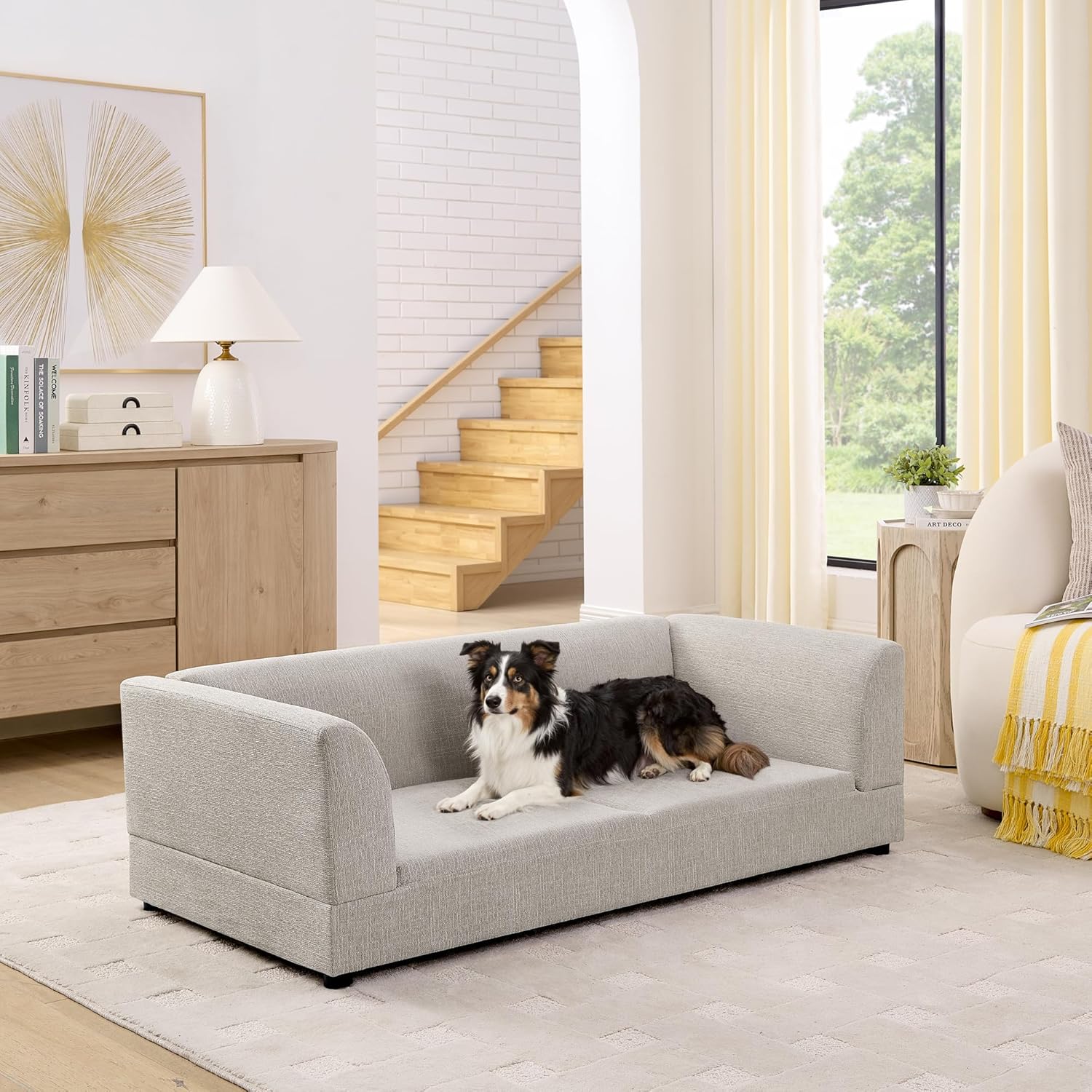 Oversized Dog Sofa for Medium Large Dogs, 56.5 Inch Pet Couch with Backrest & Armrests, Modern Furniture Design with Soft Cushion and Sturdy Short Legs (Beige)