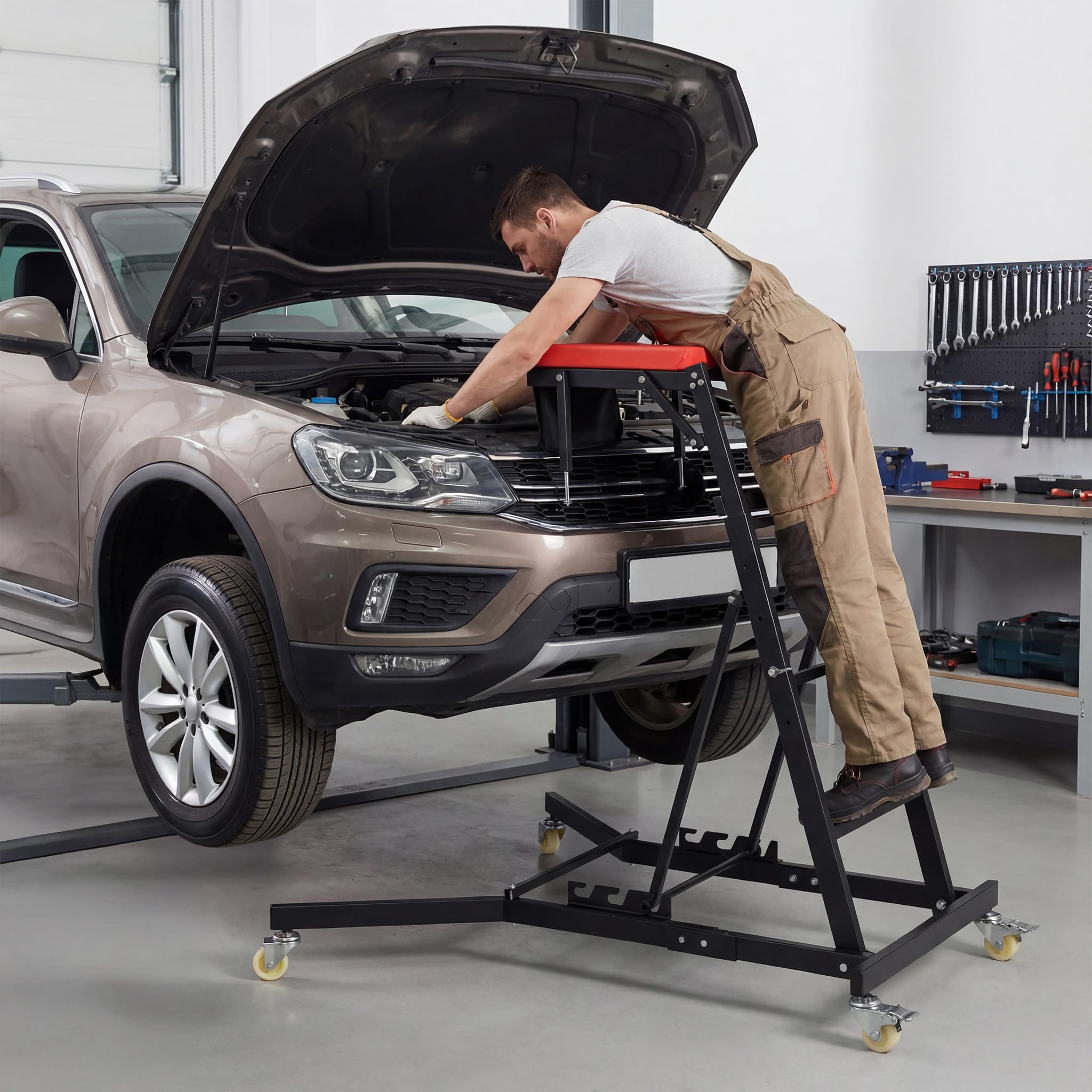 Wiltec Montagerollbrett Automotive Topside Creeper 150 kg höhenverstellbare Montagehilfe mit Leiter