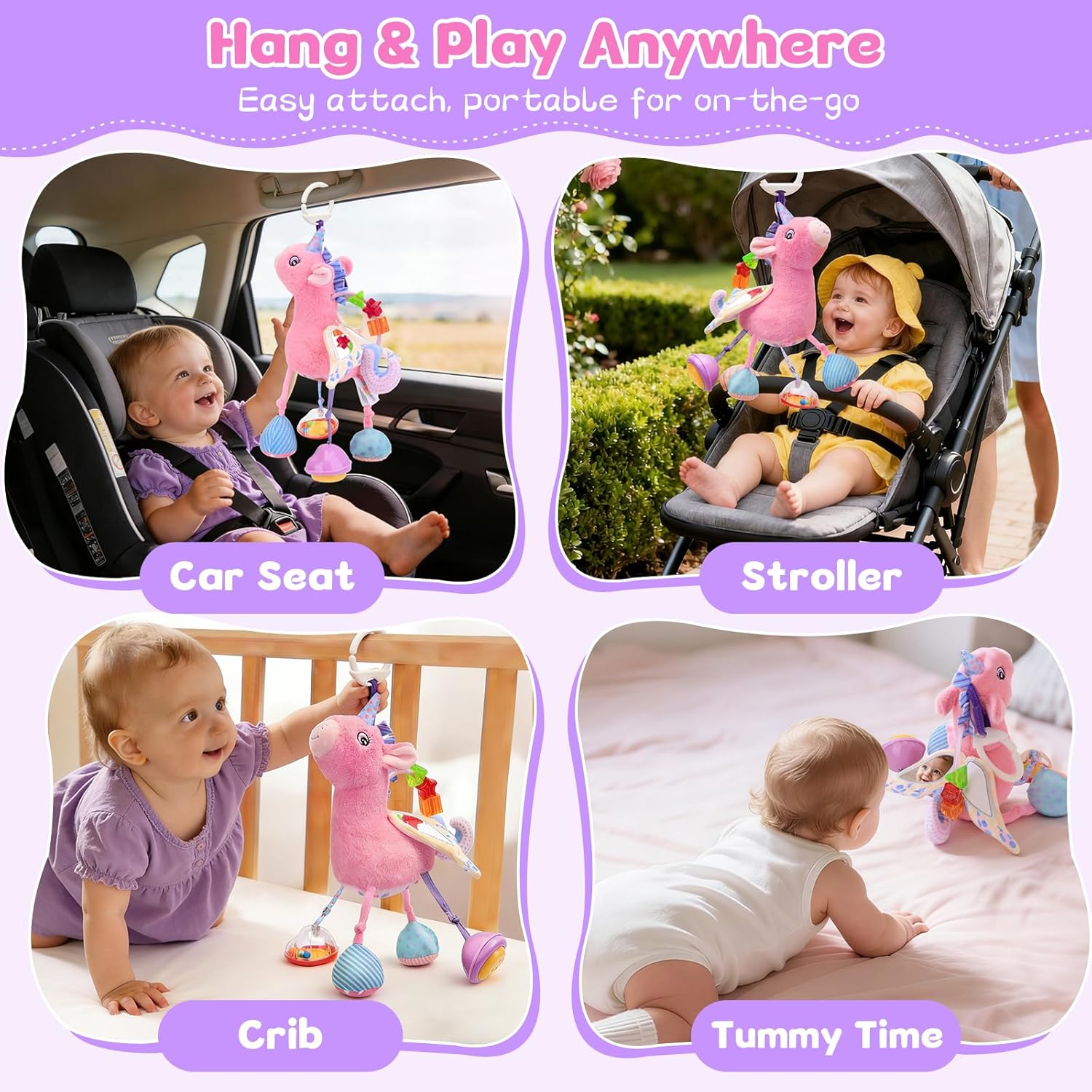 Car Seat & Stroller Toy for Girl - Musical Sensory Plush with Rattle & Mirror Baby Toys 0-12 Months Hanging Travel Carseat Toys Soft Squeaky Stuffed Animal Unicorn for Babies Gifts