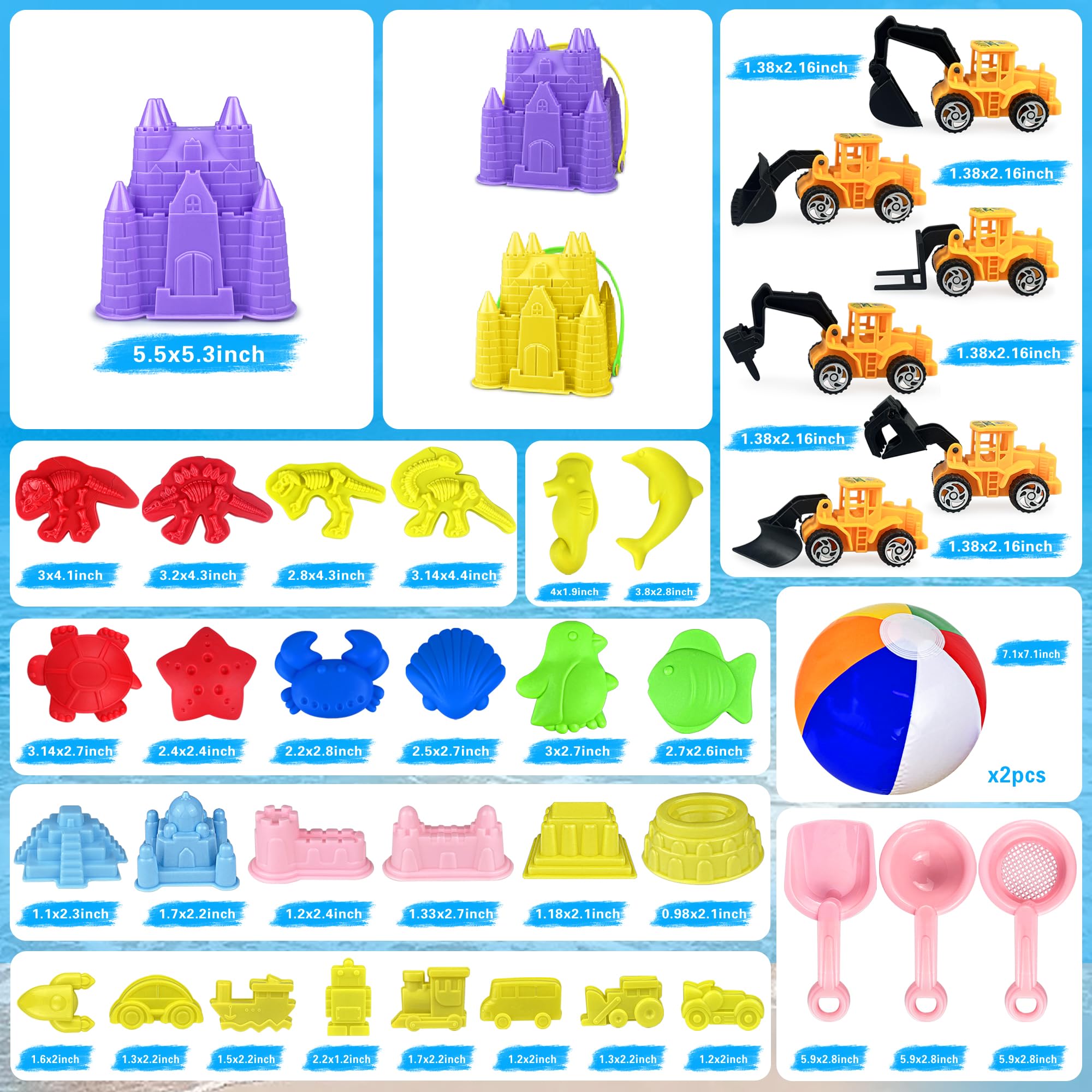 XIPEGPA 41PCS Sand Toys Kit Fun Beach Toys with Trucks Buckets Animal Dinosaur Molds Shovels Beach Ball Perfect Travel Toys for Boys Girls