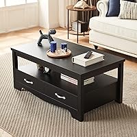 Vista 2 de LINSY HOME Mesa de centro de granja con almacenamiento, mesa de centro de madera para sala de estar, área de exhibición abierta y cajones