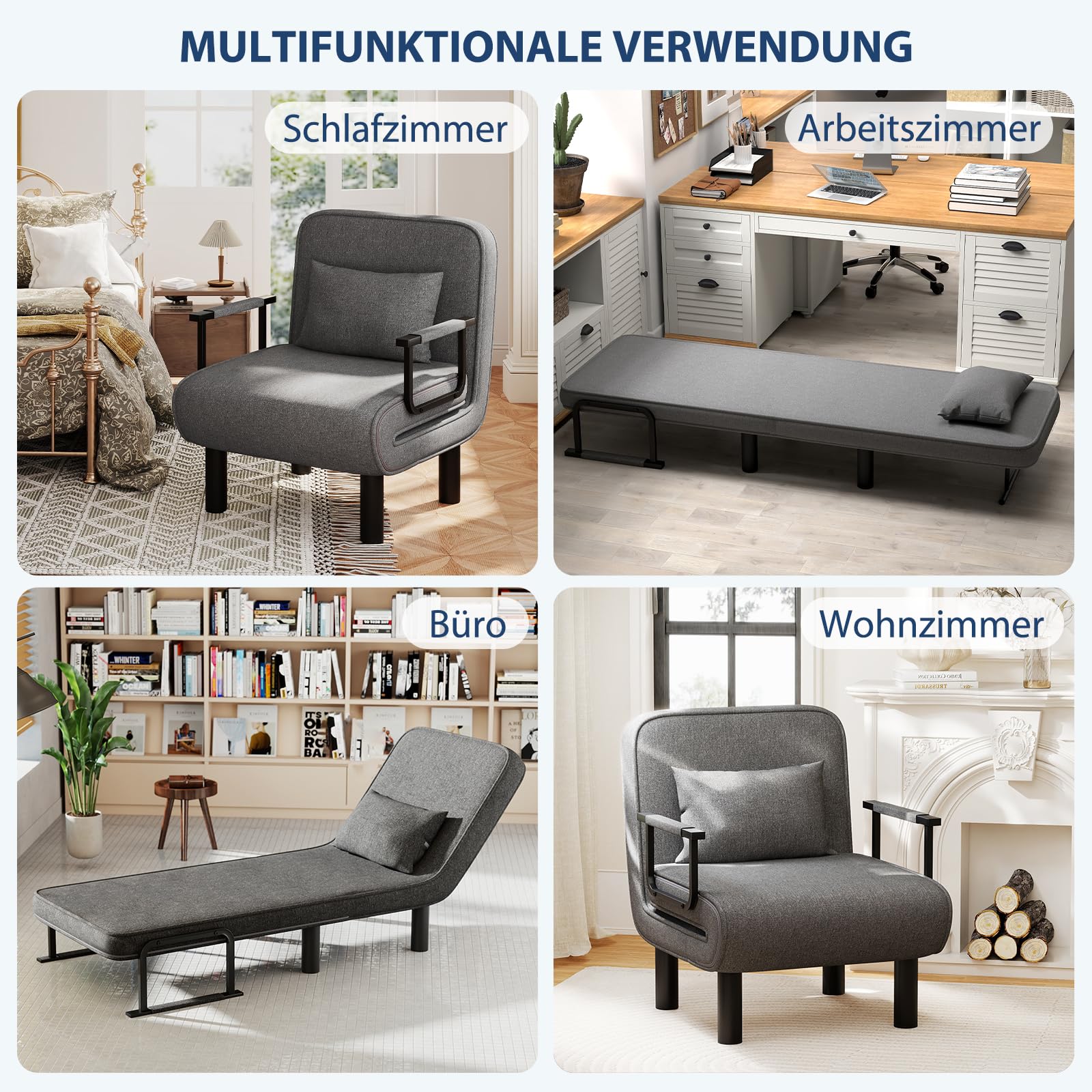 Schlafsessel 4 in 1 mit Bettfunktion, Gästebettfür, Schlafsofa mit Bettfunktion, Sessel mit Schlaffunktion mit Verstellbar Rückenlehne für Schlafzimmer Wohnzimmer Balkon, Dunkelgrau