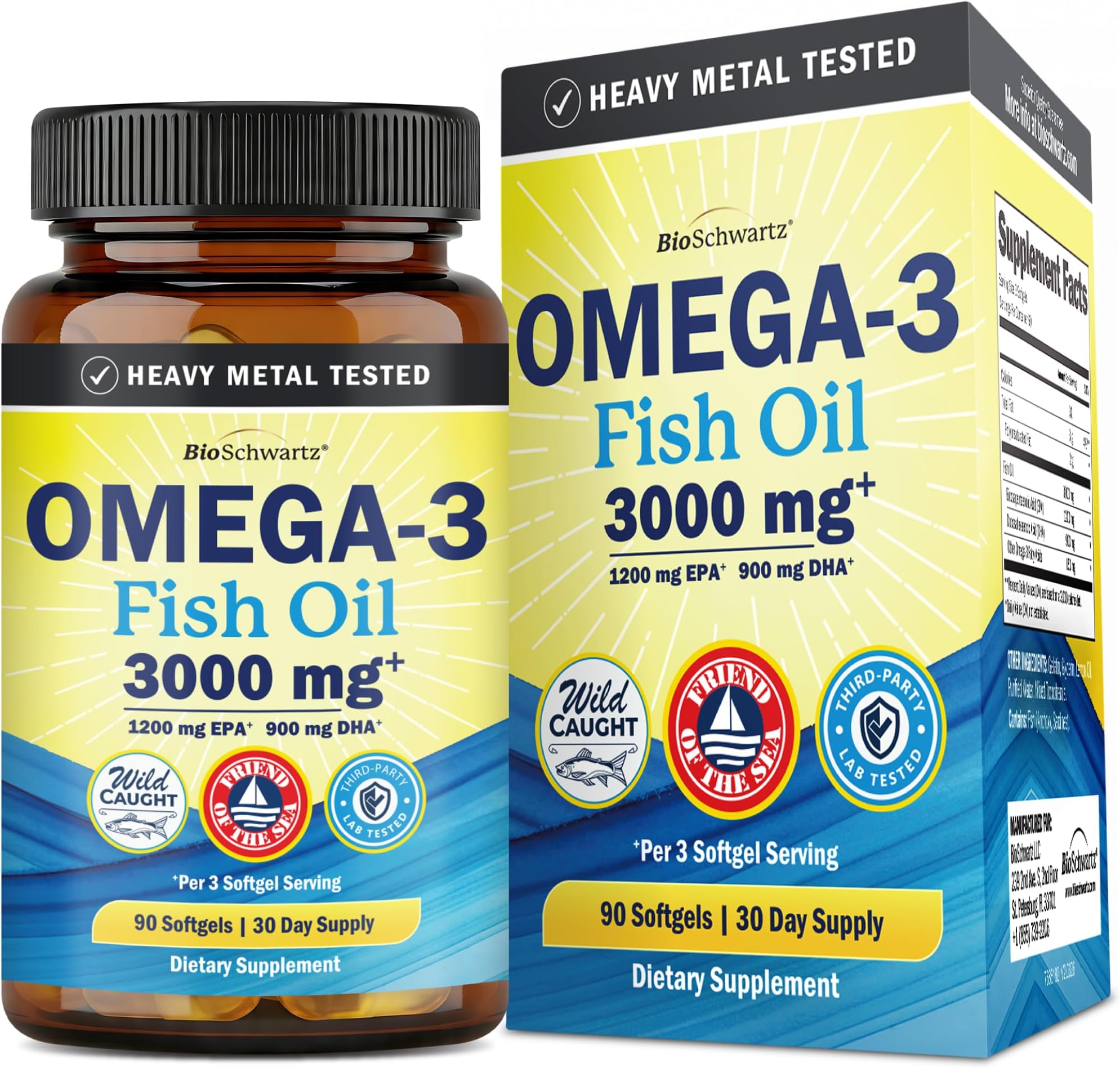 Triple Strength Omega 3 Fish Oil 3000mg for Women and Men, 90 Softgels | High Potency Omega 3 Supplement, Burpless Lemon Flavor Fish Oil - 2250mg Essential Fatty Acids with DHA & EPA, Wild Caught