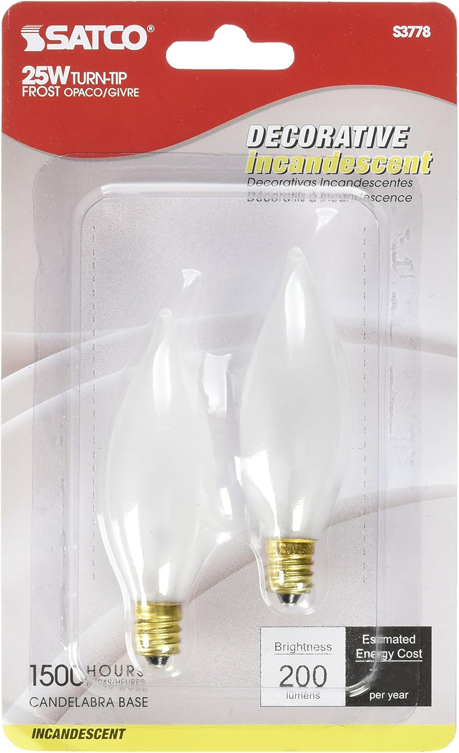 Satco Products S3778 120-Volt 25CA8 Candelabra Base Turn Tip Frosted Light Bulb
